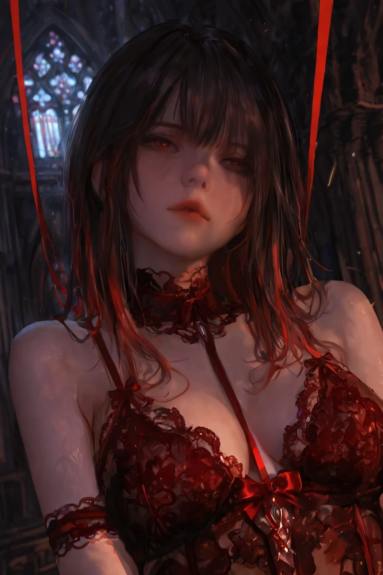 beautiful、(Best illustrations)、8k Ultra HD分辨率、Intricate details、Top quality、Realist、Ultra Detailed、Optimal lighting、Best shadow、Soft lighting、Ultra HD、Dungeons and Dragon、cave、Dungeons、 undead mage、night、Dark Style、Succubus、Devil's Daughter、Bat Wings,(((Demon Horn Rimless Round Glasses))))、(((Big Breasts)))、(Devil's Tail)、(Red eyes glow:1.6)、masterpiece、Beautiful face、Tyndall Effect、photo逼真、(High Detail Skin:1.2)、8 Kurds、Digital SLR Camera、high quality、photo、high resolution、 absurd、Ponytail Transformation、The best ratio of four fingers and one thumb、1 person、Hair accessories、Red sparkling gemstone necklace、Jewel-like、Beautiful expression、Body Up、Emphasize large breasts、Tighten waist、Wide hips、Tyndall Effect、Photorealistic、(High Detail Skin:1.2)、Pink nipples, Pink Cat