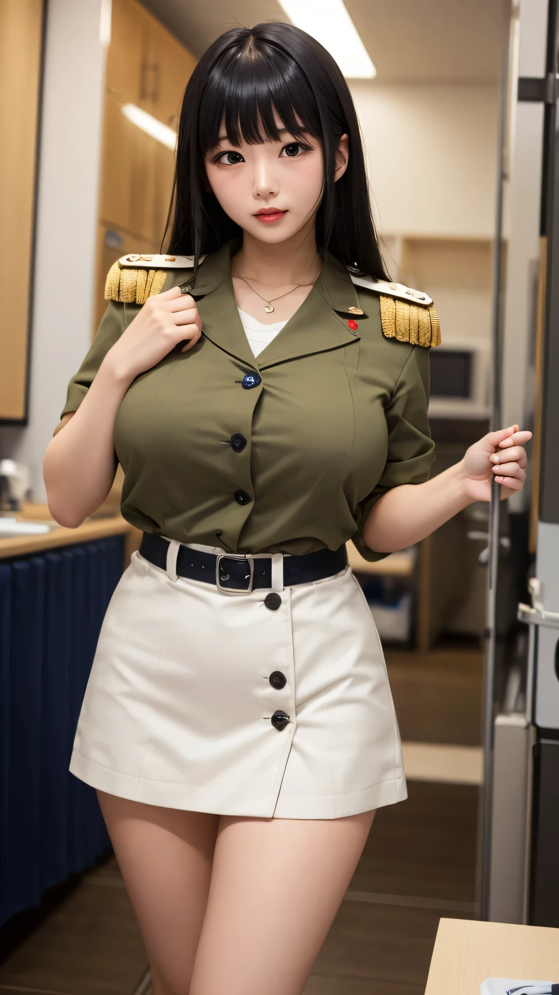 Super-detailed, 8k HD, 1 girl, solo, black hair, detailed hand and face, busty body, curvy body, big breast, large butt, thick thighs, slender hip, military's uniform, working in an office