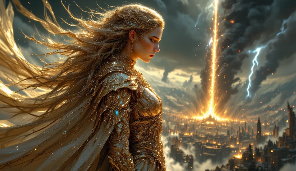 (1 sublime warrior girl) with a ( black tiara), long blond hair, (big blue eyes), perfect face. (perfect body), (perfect tits). she looks at the camera smiling sensually. she wears a beautiful (black armor), (finely crafted), (adorned with rubies) and glowing runes). (massive armor) and tight-fitting sculpts her perfect body. she sits at the (cave entrance) (overlooking a valley:1.5) of (turquoise jungles and waterfalls). a (supernova:1.3) explodes in the (dark night:1.5). (darkness), (sharp image), (photorealistic), (highly detailed), (4k), (naked Armor)