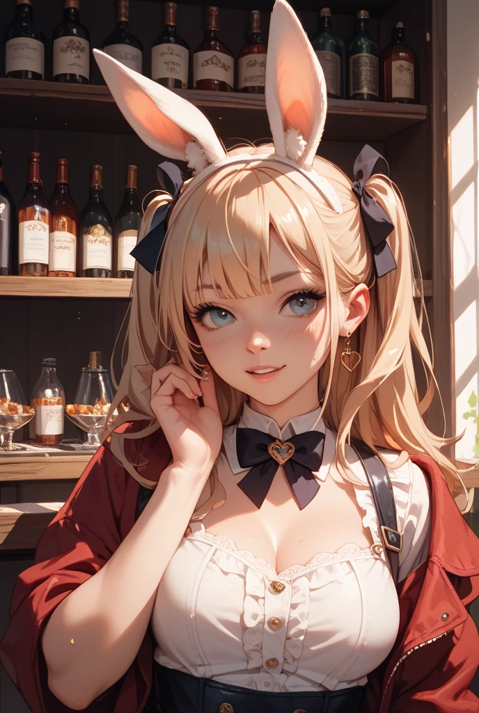 masterpiece, best quality, murashige_yuzuki, 1girl, solo, green eyes, drill hair,long hair, wavy hair,,upper body,playboy bunny leotard, rabbit ears, wet face,naughty face,leaning forward, arm support,bar,light,