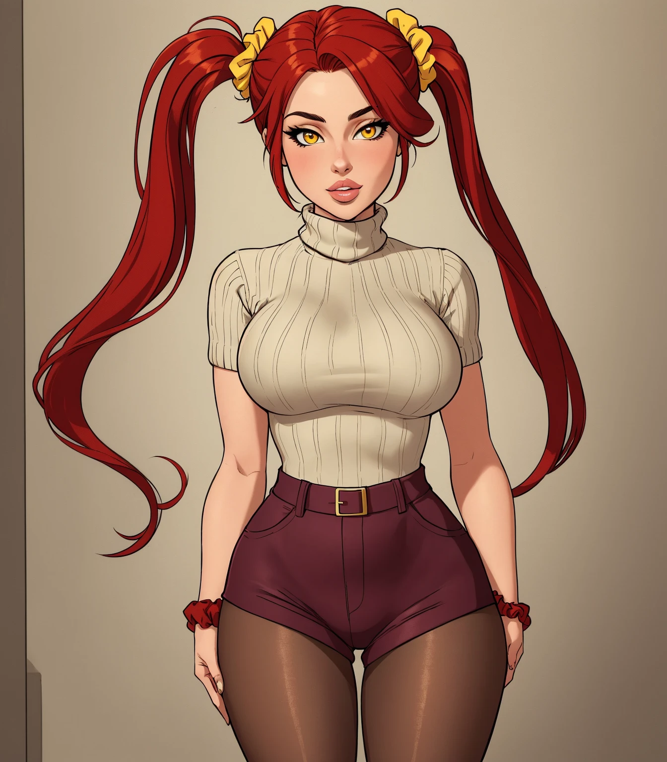 large patterned skirt, large crop top, large clothes, una menina, corpo todo, long natural orange hair, Stand up, fat, maquiagem, mascara, Lips are soft or colored, fundo preto simples,  paletas de cores simples, limpo, minimalismo, monotone, Asymmetric, geometric, Crisp drawings, silhuetas fluidas, Stand Up, provocador, surprised facial expression, bashful, simple lighting and texture, Simple and minimalist accessories, Materiais e designs elegantes e luxuosos,  Pulseiras simples, limpo, Crisp drawings,  silhuetas simples, estilo simples e sofisticado