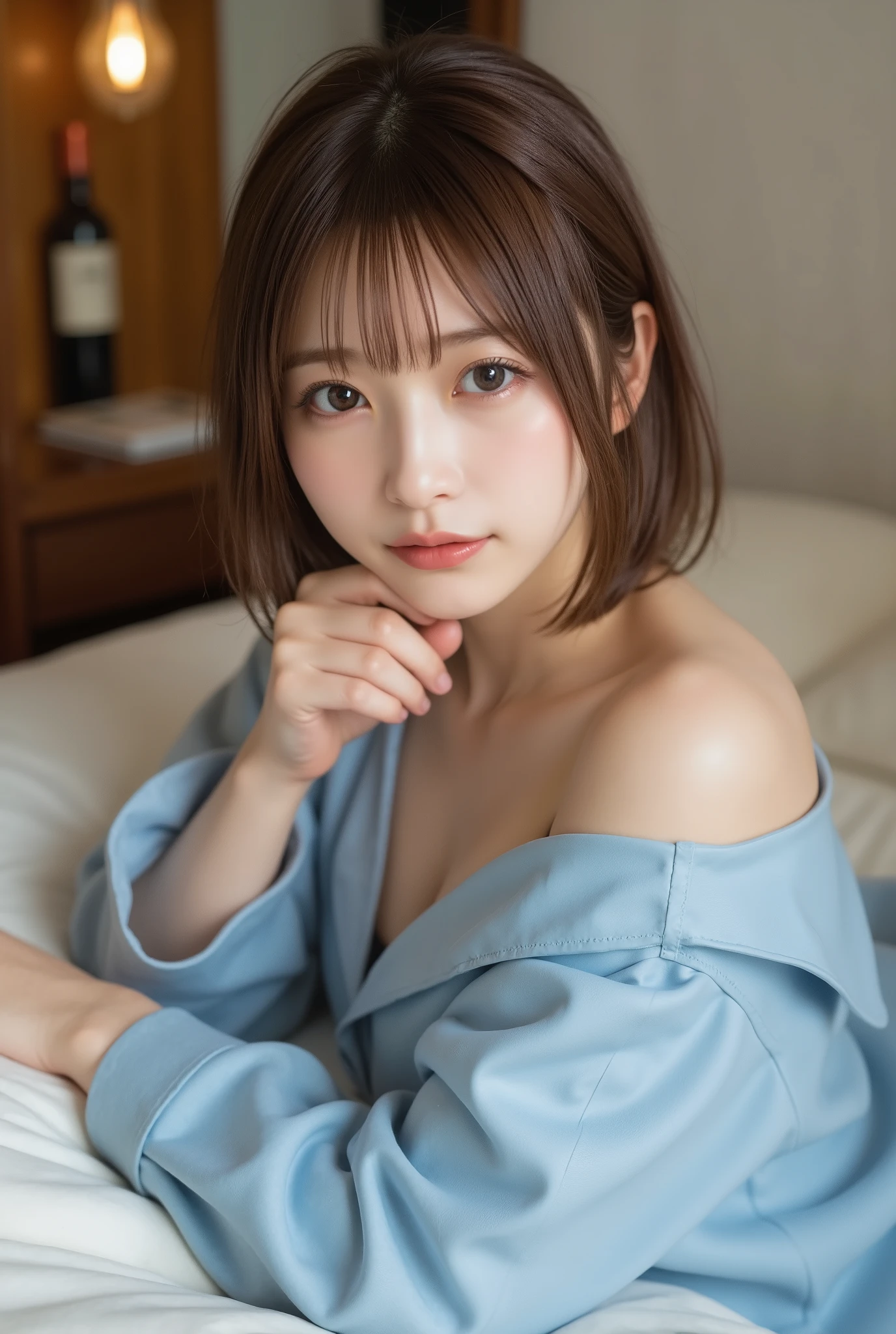 Highest quality ,masterpiece,Ultra-high resolution, very beautidebtul, cute, (Photorealistic:1.4), One girl, Japanese, Brown Hair, Cleavage, Cinematic, 35mm lens, debt/ 1. 8, Accent lighting, 8k, Light blue off-the-shoulder shirt