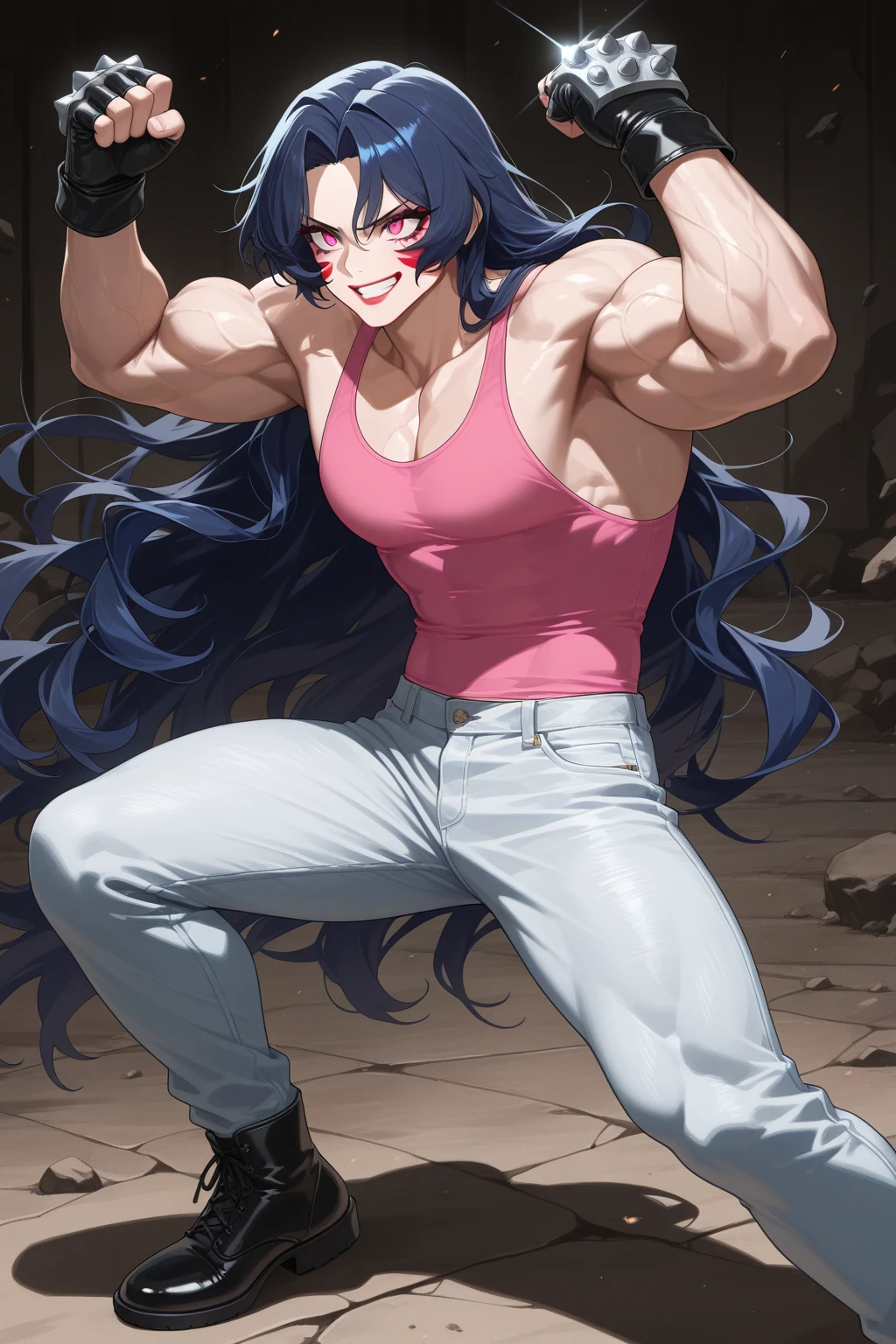 adult man, Long black hair, Cyan eyes, brawn, A furious scream, ripped pants, Jaw, fangs, combat stance, Masterpiece, hiquality