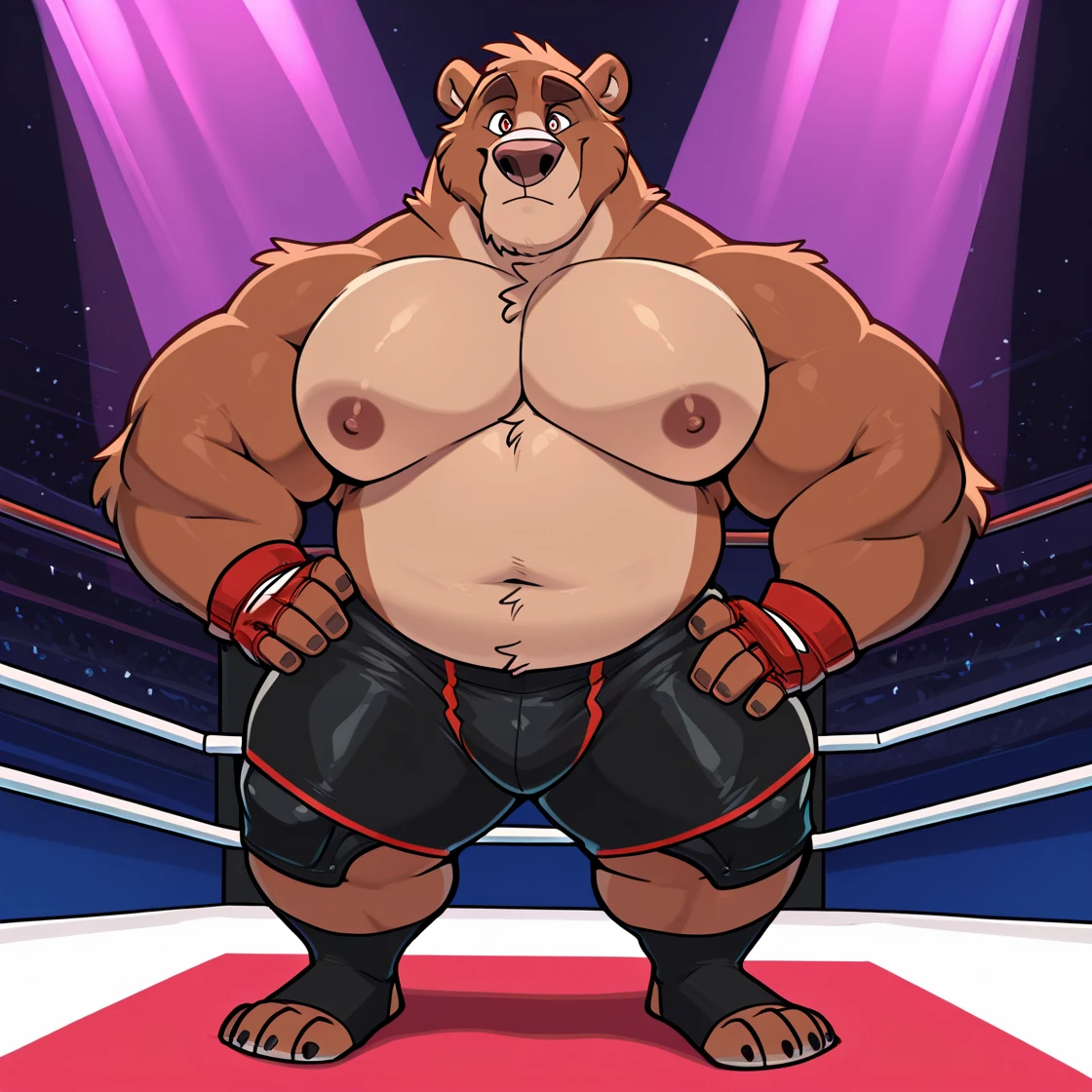 My fursona is a split species, part grizzly bear and part German Shepherd dog. He stands mostly bipeadel, but his general body shape alows him to easily take a quadrupedal sance. For his face, the muzzle leans more towards a bear's, while the ears are more like a dog's. The general head shape is a decent blend of the 2 species, with dark blue eyes. He has a large and thick silver septum nose piercing as well as a 2 silver cartilage cruncher ear hoops on his right ear. Around his neck is a thick chain linked together on his chest by a red padlock. He has broad shoulders like a bear, and thick arms combining muscles covered with a layer of fat leading to bear paws with oposable thumbs. He has a black lether armband around eack large bicep. Each paw has a silver ring on what would be the ring finger and a dark red ring on what would be the middle finger. His chest is pretty prominent, with large stone pectorals covered in minimal fat with both nipples pierced with silver hoops. His torso is fairly muscular with a layer of fat barley covering his muscle gut. He does not wear a shirt at all. His waist is wide and his butt is fairly round and plump. He is naked, therefore he shows his exposed large canine genitalia. At the base of his back above the back of his jockstrap is a thick, fluffy German Sheppered tail. His thighs muscular and are quit large at the top but slowly tapper to be a little bit thiner the closer they are to the knees. From the knees down, his legs take on a dog's typical hind legs shaped with the elongated foot, ending in strong, thick dog paws. His fur pattern and colors are those of a Germen Shepered, with a little more orange coming through the light brown parts of his fur.