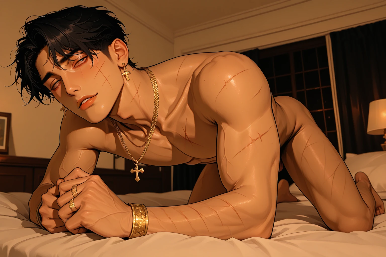 Handsome guy, 25 years old, Asian, master work, best picture quality, higher quality, high detail, super high resolution, 8k resolution, delicate facial features, boy, big muscles, tattoos, glowing eyes, short hair, hair details, [[Look away, look to the side, emphasize homosexuality and pay attention to every detail , open Hanfu transparent tulle jacket, white rubber pants, night, starry sky, flying flowers. Waterfalls, mountains, circling dragons, Chinese courtyard background (((((crotch bulge))))), wearing nothing, completely naked expose his huge penis, long big dick masturbate, the most perfect penis erecting , Realistic, fully naked,