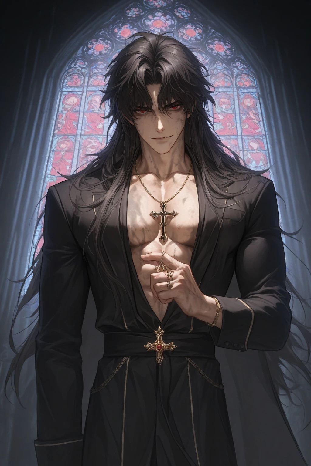 1male, adult, handsome, cruel smile, sadistic, dark hair, priest of ancient civilization, half naked with robes, ancient religious ceremony, upper body
