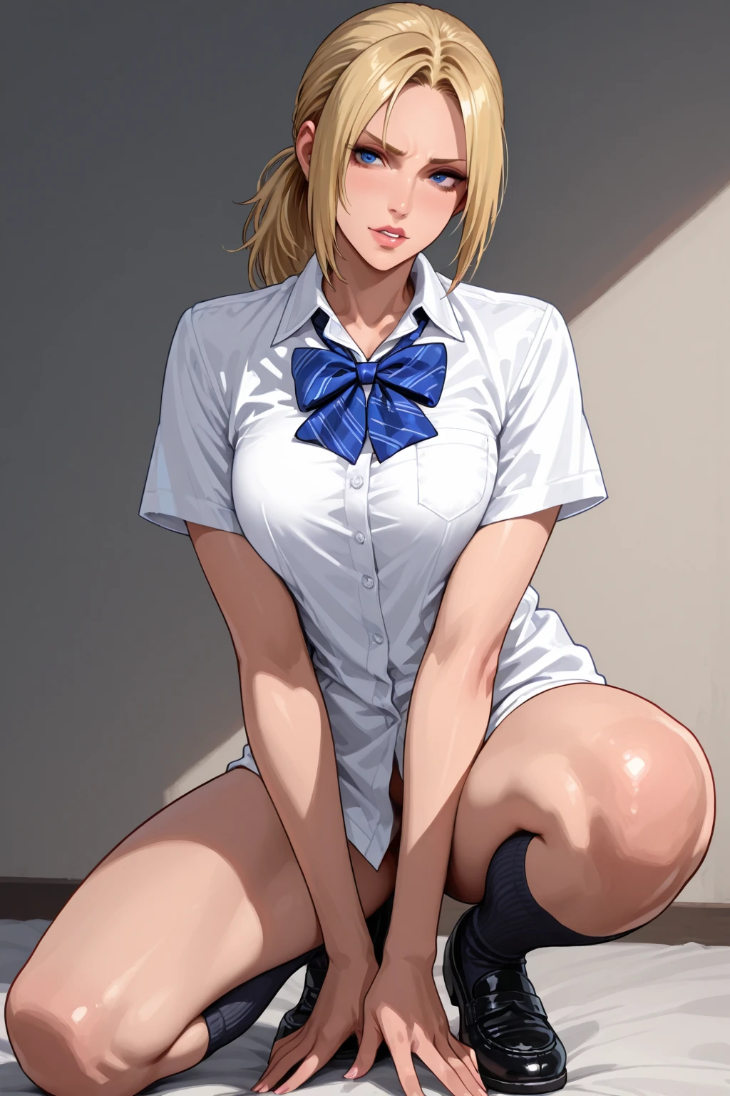 ((Correct Anatomy)),(on stage),(Female student)、((school uniform))、((Short sleeve))、(Mini Pleated Skirt),(((Black Stockings))),((Lace panties)),((Stand on the stairs of the school)),Ultra-high resolution,Mature Woman, Mature Woman, Very detailed,Sunburned skin,Brown Skin, (Big Breasts),((Beautiful feet)),Perfect hands, Detailed fingers, Beautiful details, ((Long blonde hair)),((ponytail)),Black Choker, Earrings,loafers,Perfect Eyes, Captivating eyes,(open-chest)