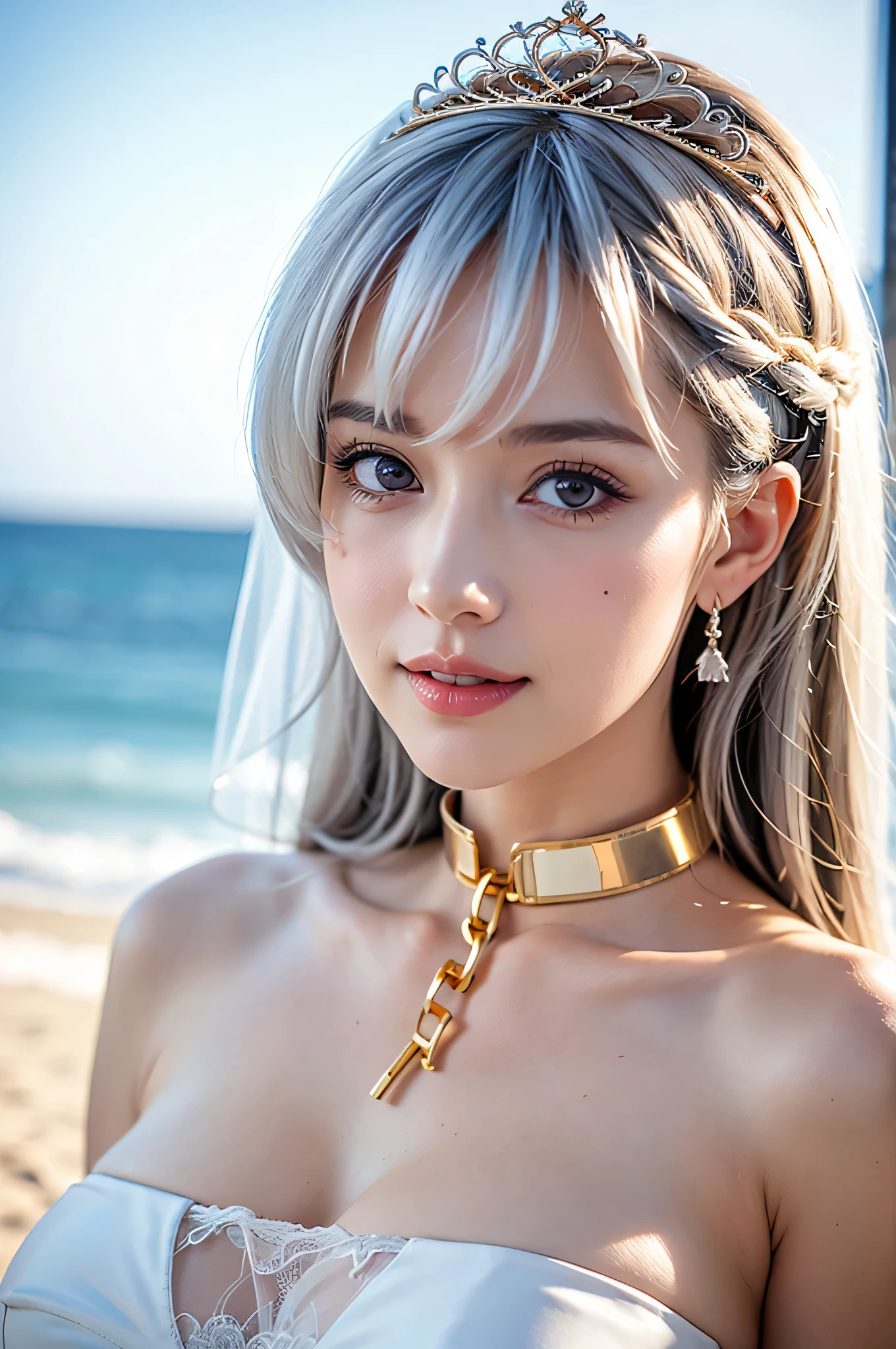 1girl, solo, very cute girl, smile,
aabelfast, (white hair), long hair, french braid, tiara, bridal veil, earrings, metal collar, gold chain, cleavage, collarbone, bare shoulders, strapless, wedding dress, white dress, white gloves,
saggy Breasts, huge Breasts, big boobs,
BREAK
8k, RAW photo, best quality, masterpiece, realistic, photo-realistic, clear, professional lighting, beautiful face, best quality, ultra high res, epth of field, blur background, bokeh,
BREAK
upper body, sexy pose, active pose, outdoor, beach side, street of L.A