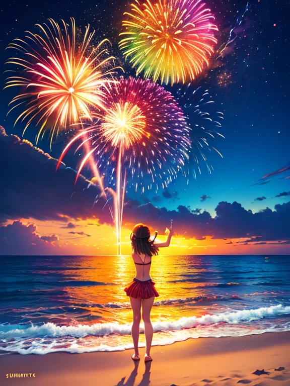 Vast night sky pictures,((Top quality:1.4),(Unparalleled masterpiece),Night Sky: 1.4,(Fireworks: 1.4, Aerial Fireworks: 1.4), highly detailed 8k CG unit,,Bokeh,Depth of field,, Beach, Sea, Volumetric Lighting,(Dynamic Composition: 1.4),Bikini girl standing on the beach, character 0.3, Very detailed, Colorful details, (Iridescent: 1.2), (glow illumination, atmosphere lighting), dreamy, magical, (solo: 1.2),