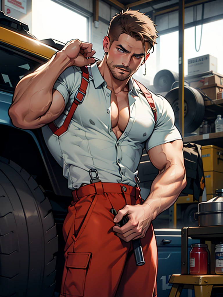 NSFW ,masterpiece , 8k , best quality ,very very detailed face , natural eyes, 1man, young man, boy, muscled and mature, stephen amell as a mechanic wearing totally unbuttoned overall, showing COCK , his nipples and muscles , mechanic tools , sweating, tight cloth, , full body view , working on a car