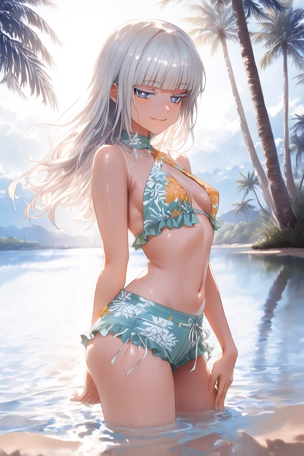 tmasterpiece， High- sharpness， Best quality at best， 1 girl solo，long  white hair，Yellow eyes，Bikini swimwear，Bigchest，Shy，Humanity