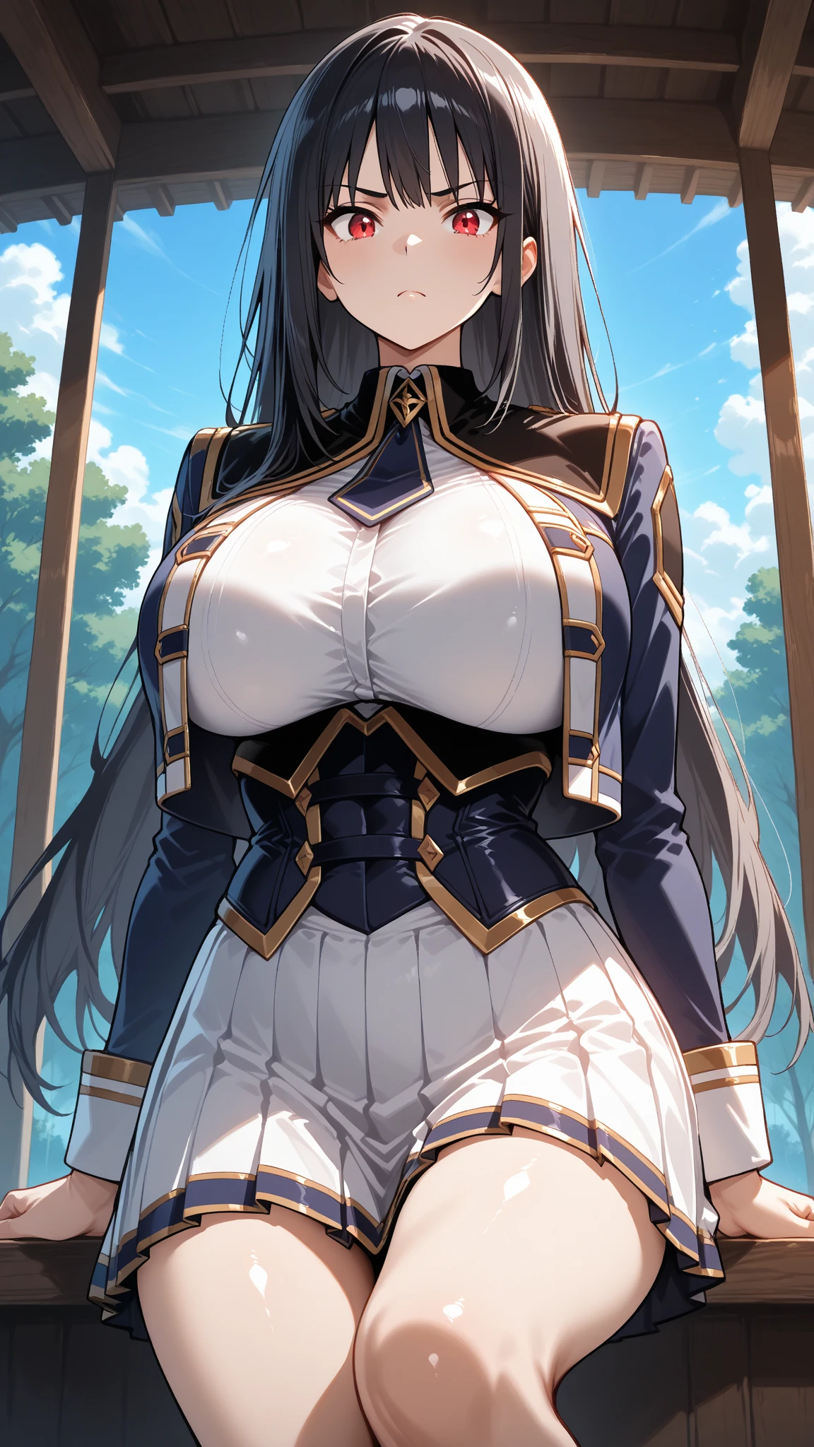 High detailed, kimtag, 1 girl, solo, shoukaku \(azur lane\), blue hair,hair ornament, green eyes, busty, large plump breasts, Genetics's uniform, Juliet sleeves, skirt, pink Genetics's uniform, Juliet sleeves, chunky body, cute pose