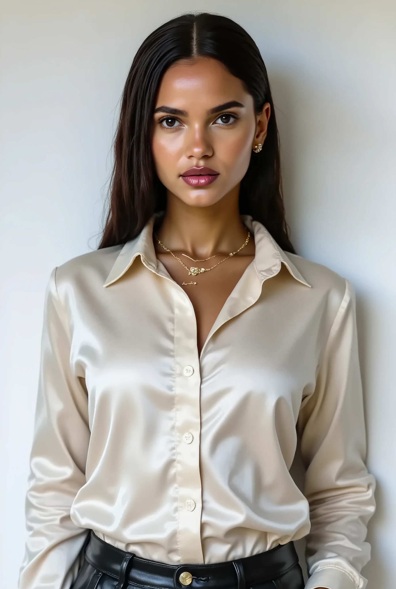 Juliana Nalu, female model with a shiny white satin button down shirt, black leather pants, white studio background