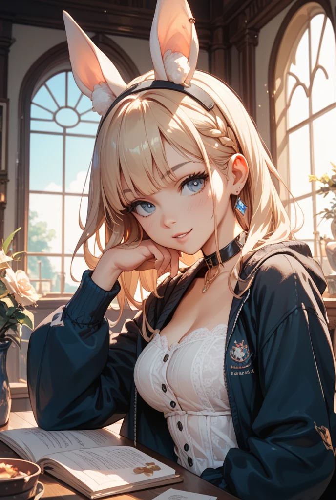 cinematic angle,{best quality}, {{masterpiece}}, {highres}, original, extremely detailed 8K wallpaper, 1girl, {an extremely delicate and beautiful},,ray tracing,coffee house,(magazine cover),(bunny girl),solo,bunny_ears,hime_cut,white_hair,red eyes,smile,Bunny Girl,(all fours)