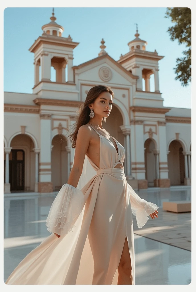 Long white cotton maxi dress half sleeves with silver pump heels and small handbag
