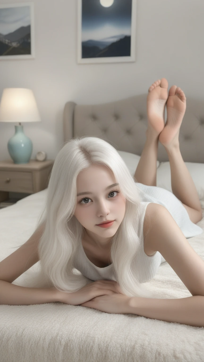 (Ultra Realistic), (Illustration), (High Resolution), (8K), (Very Detailed), (Best Illustration), (Beautiful and Detailed Eyes), (Best Quality), (Ultra Detailed), (Masterpiece), (Wallpaper), (Detailed Face), Solo, One Girl, Viewer, Fine Detail, Detailed Face, In the Dark, Deep Shadows, Low Key, pureerosfaceace_v1, Smile, Long Hair, 46-point oblique bangs, full body, showing legs, white hair, sitting, legs open