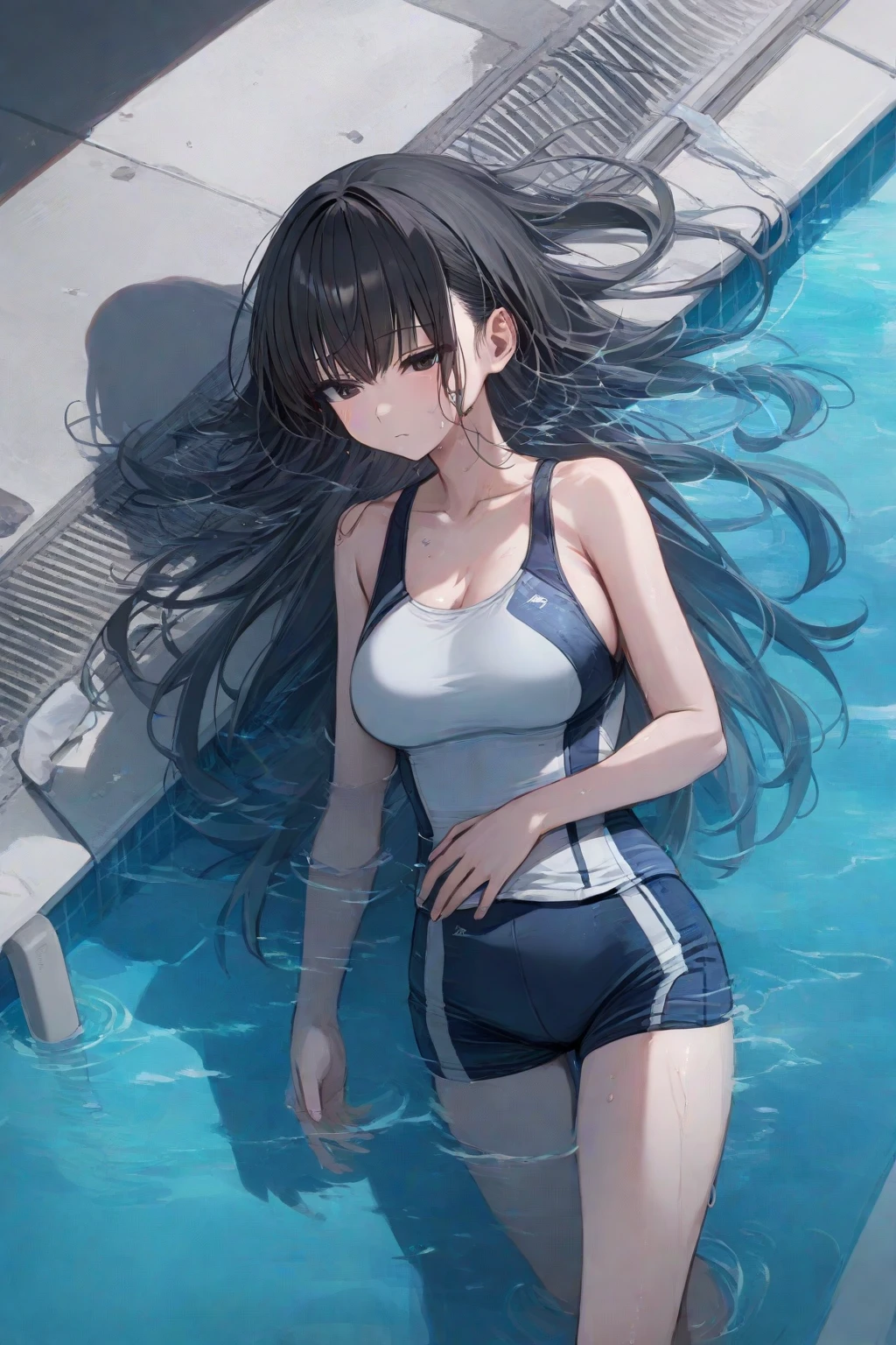 ((4K、8K、Highest quality、Perfect Fingers: 1.3、Perfect ???????: 1.3、Background Blur))、((14 years old、、small 、cute big droopy eyes、Straight Long Hair、Beautiful and slim girl、Black Hair))、(((White school swimsuit:1.3)))、(((Plain school swimsuit)))、(((White one piece swimsuit:1.3)))、((See through))、(Wet)、(Long nipples)、blush、(Smiling Kindly)、Shiny skin、、Sweat、Full body angle、School poolside、