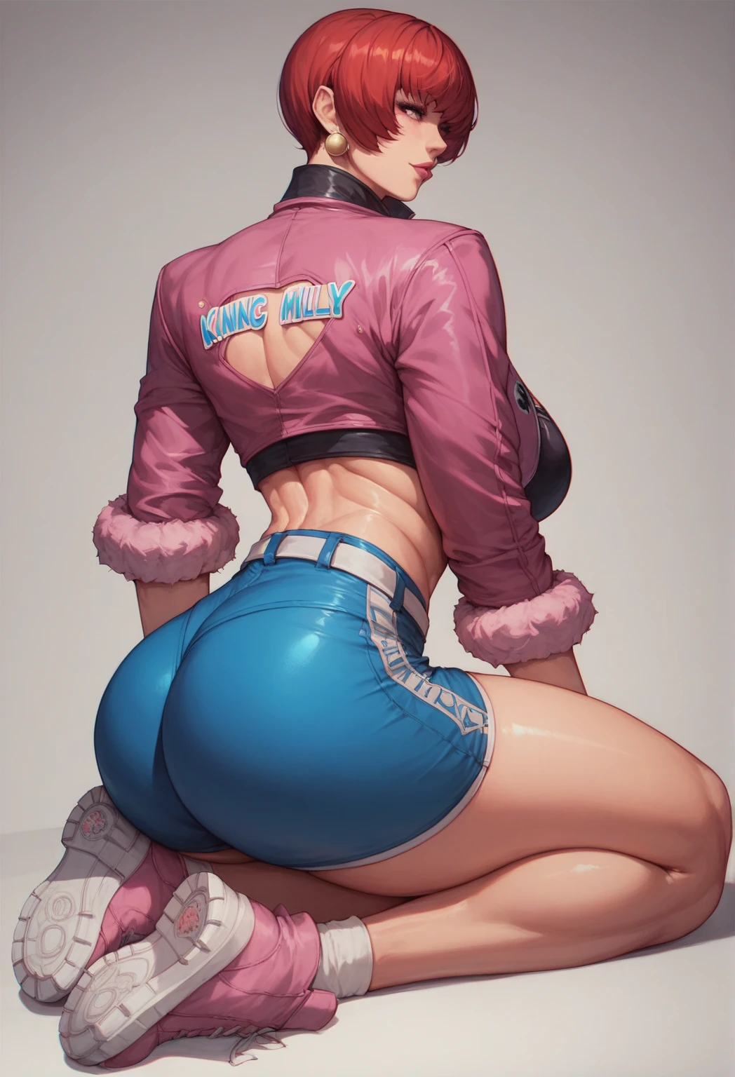 anime girl with pink hair and blue eyes weaRing a vest, render of april, sayori, closeup Iwakura Lain, 8K portrait rendering, render of a cute 3d anime girl, photorealistic anime girl render, Smooth Anime CG Art, close up of a young anime girl, Anime visuals of cute girls, Rin, anime moe art style,(((((Big butt)))))