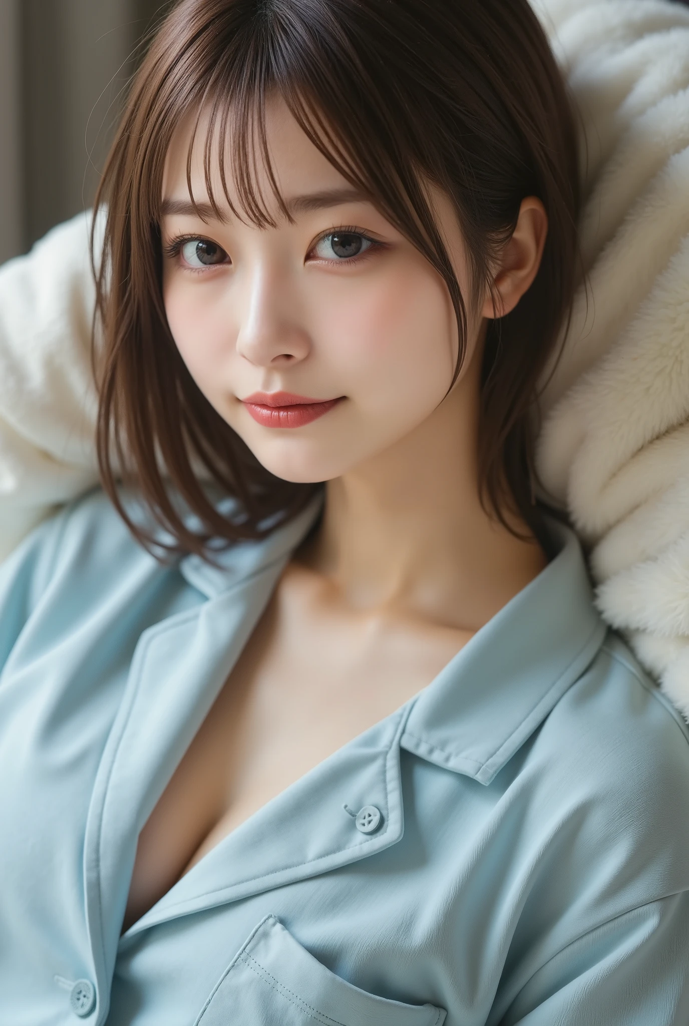 (Tight blouse that clings to the breasts(white:1.2), Tight micro mini skirt(Pale pale light blue:1.6)), ((highest quality, 16k, Super detailed、Ultra-high resolution、From head to thighs: 1.3, RAW Photos)), Sharp focus: 1.2, (1. AESPA Girl :1.1), (alone: 1.1), (Realistic, Realistic: 1.37), (Face Focus: 1.1), beautiful girl、Anatomically correct proportions、Cute face, Super detailedな顔, Long, messy hair, Updo,High Ponytail、Wide open chest、Large Breasts、Saggy breasts、Deep cleavage、Voluptuous thighs, office、sitting on a chair、Operating a computer、