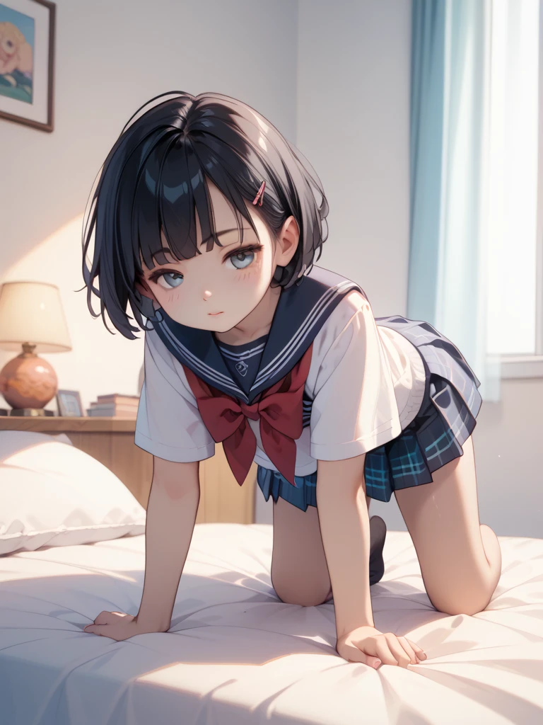 (masterpiece、top-quality、hight resolution、photos realistic、real looking skin:1.1)、Japan girls at 15 years old、full bodyesbian、Beautiful eyes、Shining eyes、embarrassed from、short twintails、(Collared shirt with short sleeves、pleatedskirt、bow ribbon:1.1)、(Fully exposed panties:1.5)、(Dark blue high socks:1.5)、(M-shaped legs:1.5)、(arms behind back:1.5)、On the bed in the bedroom、(linen child panties:1.5)、nsfw