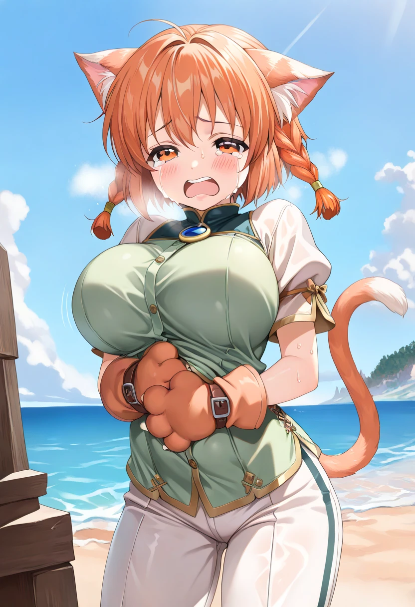 nsfw,1girls, dantsu_flame\(umamusume\),(shiny skin),from above,pov,cowboy shot,(clothed black bikini),shibari,arms behind back,large breasts,:>, blush, navel,sweat, looking at viewer,kneeling,(beach), lighting front,BREAK (realistic),soft-eaded,BREAK ((best quality, very aesthetic, ultra-detailed;1.3), extremely