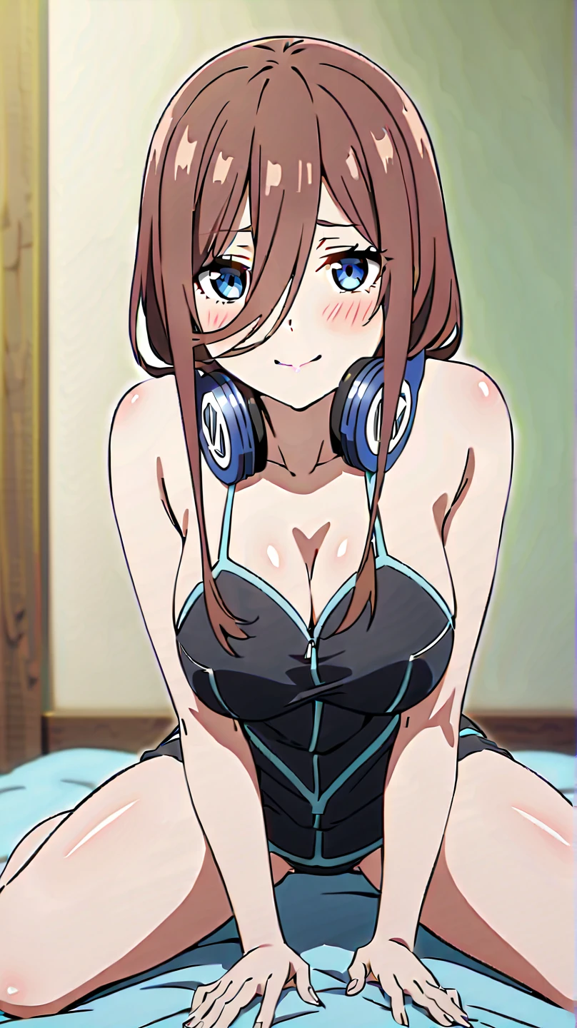 masterpiece:1.2, best quality), (finely detailed beautiful eyes: 1.2), (extremely detailed CG unity 8k wallpaper, masterpiece, best quality, ultra-detailed), (masterpiece, best quality:1.2), 1girl, female solo, medium breasts, rounded breasts, shining breasts, perfect eyes, perfect face, perfect body, seductive, looking at viewer, cleavage, miku nakano, long hair, bangs, blue eyes, brown hair, shirt, hair between eyes, headphones, cardigan, headphones around neck, brown lace bra, brown lace panties, brown lace lingerie, sexy,