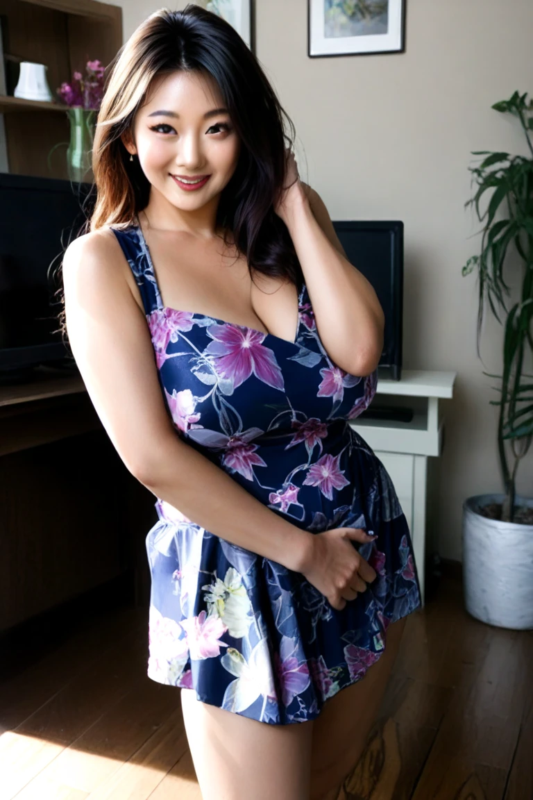 sexy model posing on bed, Very small waist,(plump thighs)、natural skin、Extra-fine face, ((Feminine Lace Dress、off shoulder、The length is short and the thighs are visible))、((18-year-old female:1.2))、young adorable japanese face, official art,Highly detailed CG Unity 8K wallpaper,(masterpiece:1.0),(highest quality:1.0), Super detailed, photo shoot, 8K,View viewer,((smilling)),(((cleavage)))