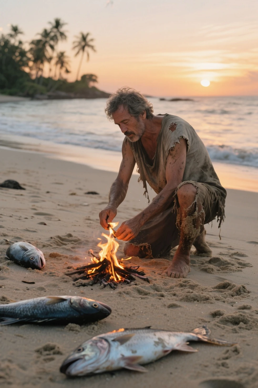 Holocene period, primitive man
Neanderthal
naked on a remote rocky beach on a sunny morning with many oysters, fish bones and on the ground , searching for shells on the sand, dead fish on the sand, piles of shells nearby