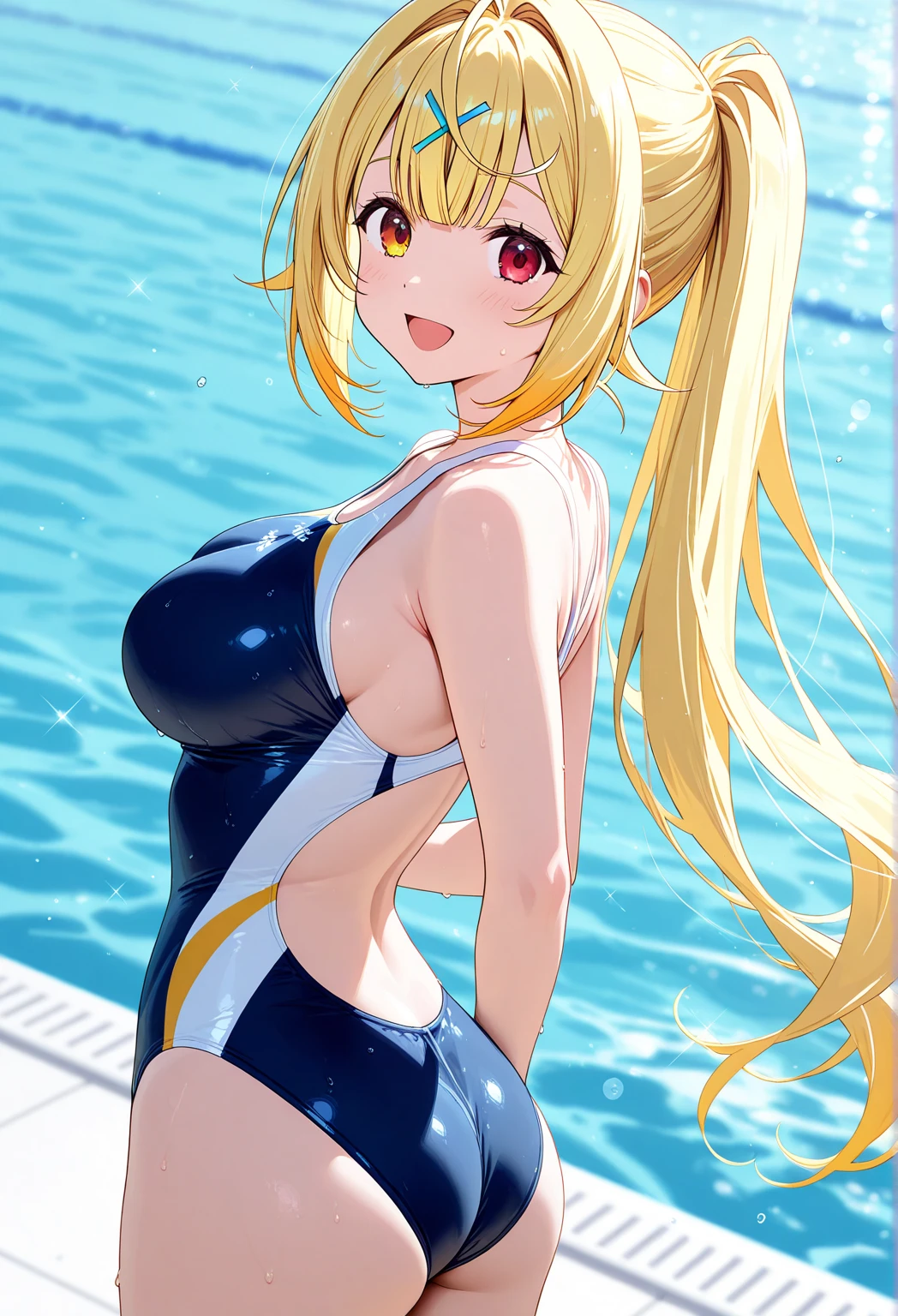 an anime girl、Mature girls、beautiful a girl、Cute little girl s、middle school girl、solo、girl wearing a swimsuit、very long blonde girl、rating:safe、onepiece swimsuit、 Anime girl wearing a tank suit with light blue and yellow edges、 High-leg racing swimwear with light blue and yellow edges、Two-tone high-leg racing swimsuit、huge tit、Woman with very large breasts、garments:High-cut swimwear、shiny、Green-eyed girl、shiny_clothes、grey_background、Swimsuit for swimming competitions、girl with half up hair、open_mouth、shiny_skin、covered_navel、cowboy_shot、smile、thigh_gap、shiny_hair、Competitive swimsuit、High Leg Racing Swimwear、looking_at_viewer、;d、simple_background、collarbone、racing back、blush、Anime girl standing、earrings、Bare shoulders、bare legs、Bare arms、The best girls in anime、artwork in the style of guweiz、Detailed Digital Anime Art、perfectly shaded body、realistic anime 3 d style、beautiful attractive anime girl、realistic anime art style、realistic shaded perfect body、