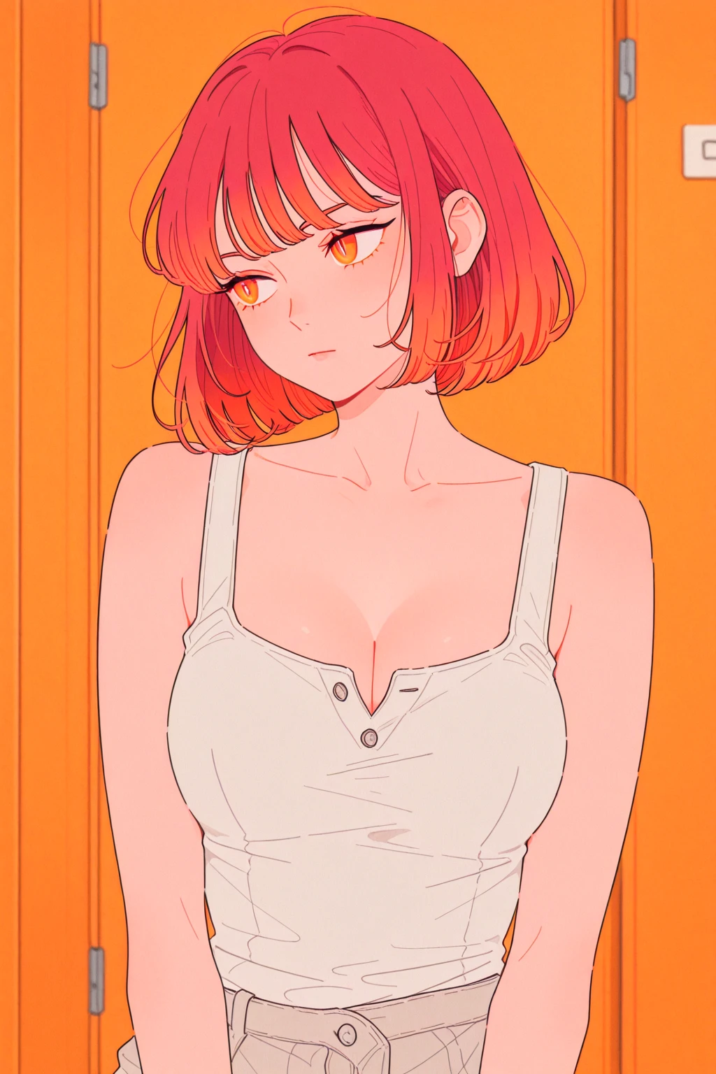 (absurdres:1.2),(masterpiece:1.6),(ultra-detailed:1.4),(High quality:1.4),(best quality:1.4),(beautiful busty breasts:1.3),(beautiful face:1.3),(beautiful woman:1.3),(bright red hair:1.4),medium hair,a mole around the mouth, (sweat:1.1),(aroused:1.2),(embarrassed:1.2),(blush:1),(close-up:1),(cat ear bandage:1.2),white T-shirt