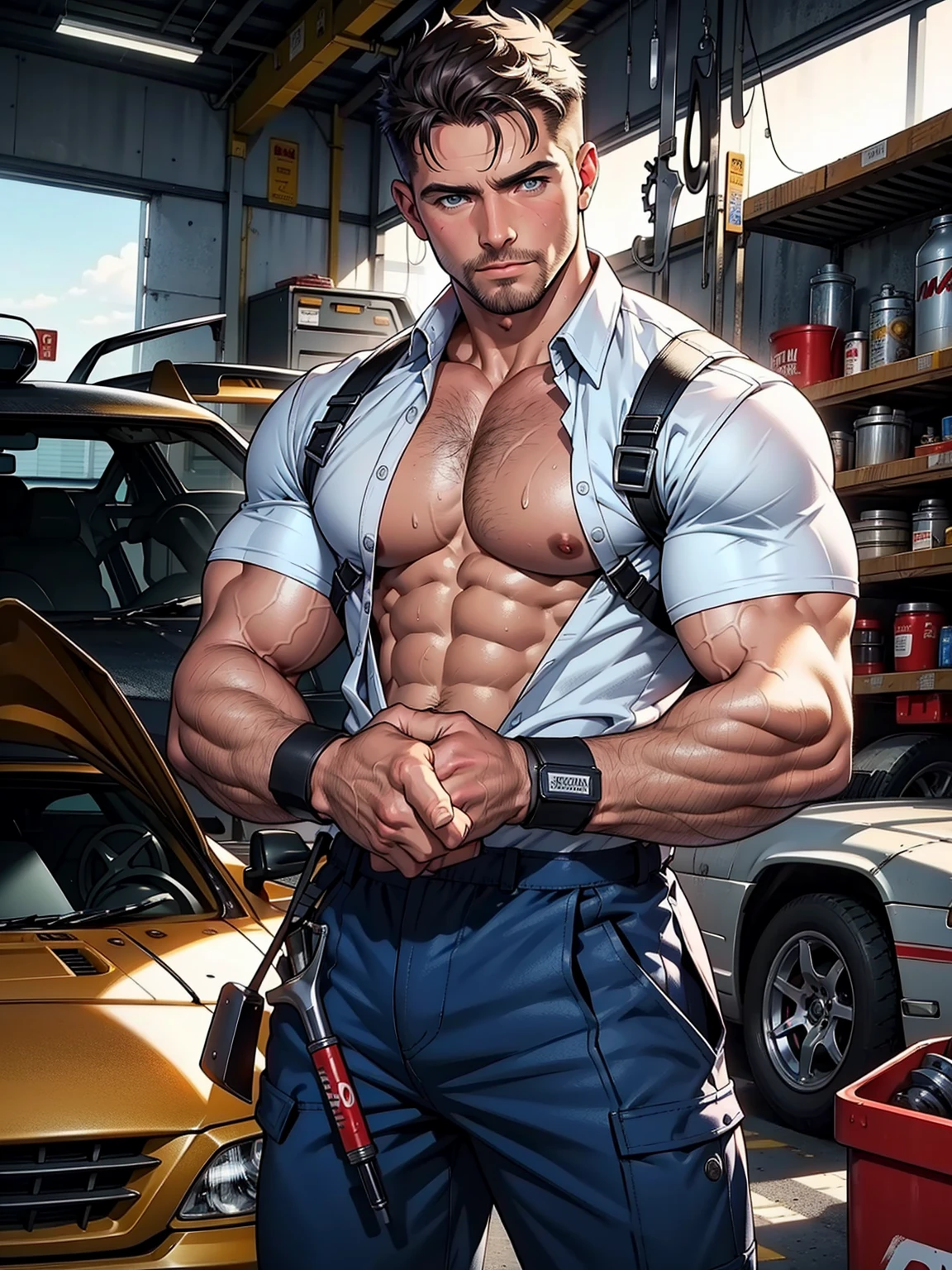 masterpiece , 32k , best quality ,very very detailed face , detailed fingers ,detailed hands, detailed eyes, 1man, hunk man,lean yet muscled and mature, stephen amell as a mechanic wearing totally unbuttoned overall, showing muscles and nipples , mechanic tools , sweating, tight cloth, bulge, full body view , working on a car, background race cars ,workshop. Tools, .... car mechanical stuff