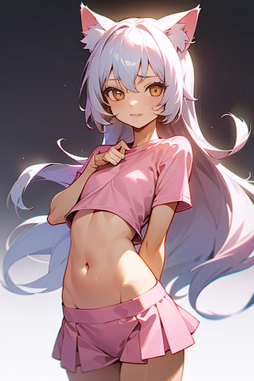 1girl, silver hair, golden eyes with pupils, ((skinny)), ((petite)), short, small, ((neko)), (cropped solid pastel pink tshirt), long hair, short skirt, (((???))), cat ears, happy, blush, flat chest, midriff, at school, hand on tummy, belly rub