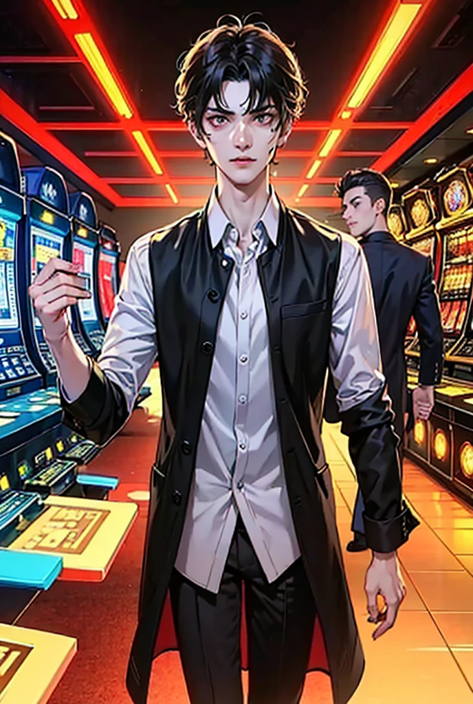 (absurderes、hight resolution、ultra-detailliert、HDR)、​masterpiece、top-quality、1boy、a handsome、shorth hair、finely eye and detailed face、(white t-shirts)、(a red jacket)、casino