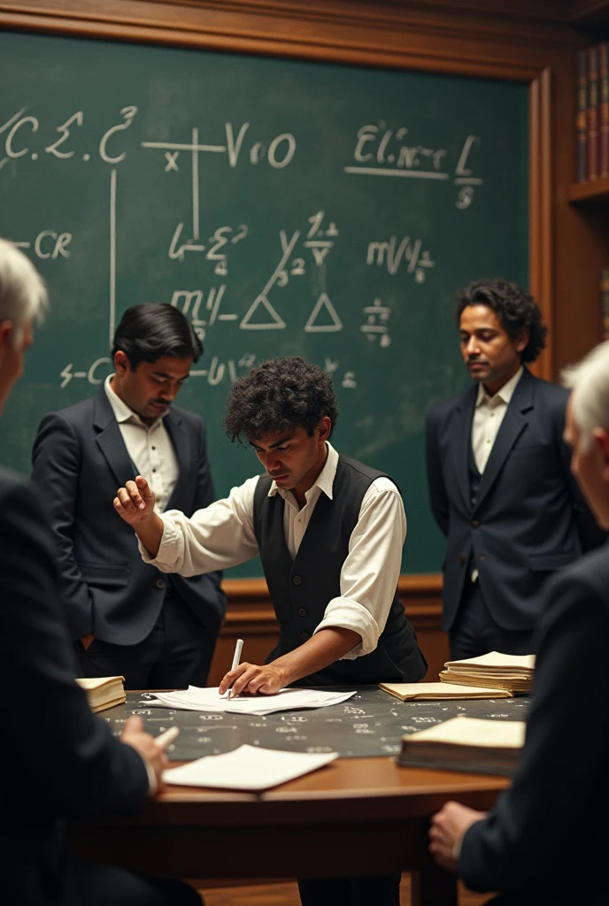 Srinivasa Ramanujan is writing complex formulas on a blackboard