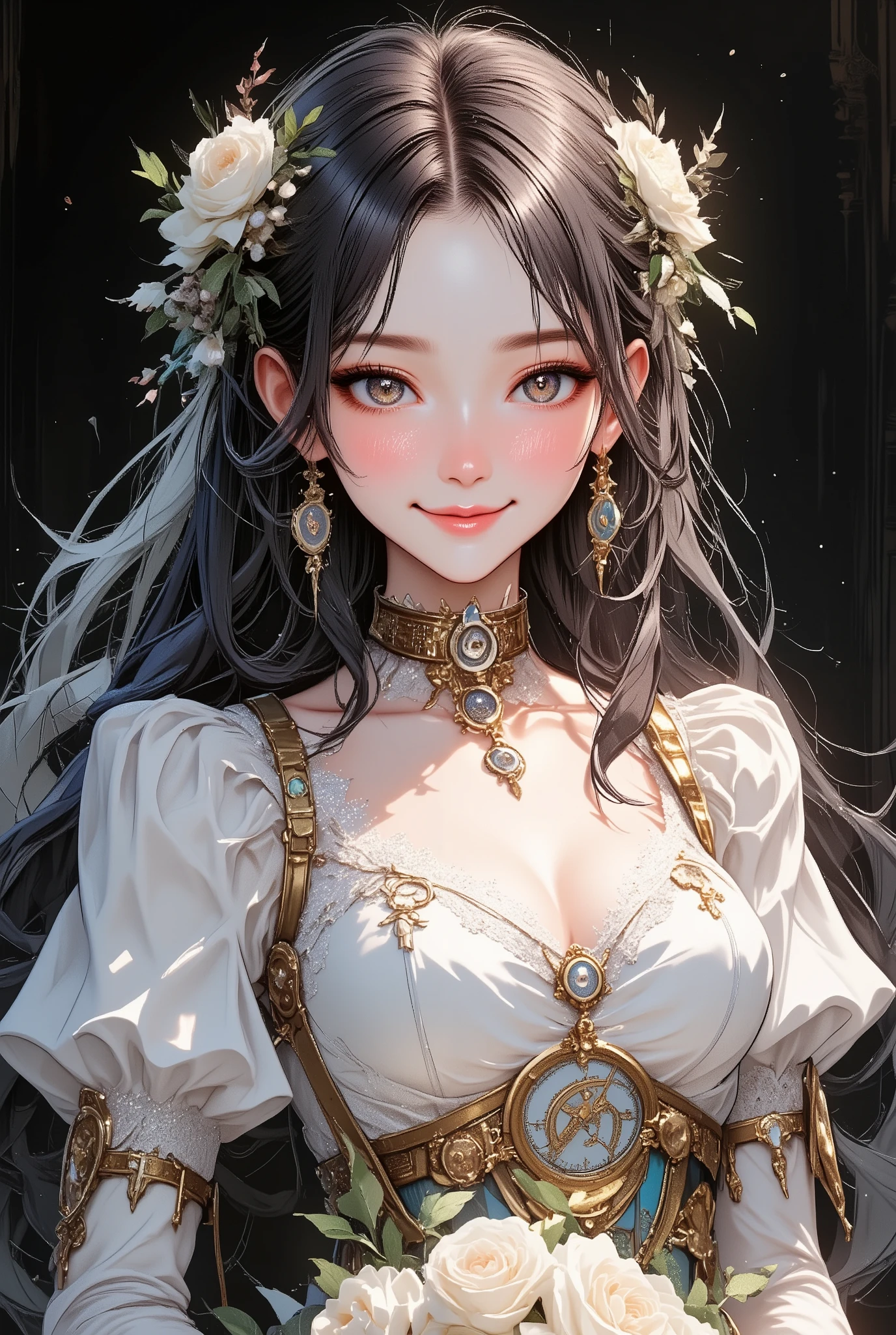 best image quality, incredibly ridiculous , very detailed, 2.5d, Delicate and Dynamic, seductive smile inducing to both breasts, classic puff sleeve pure white wedding dress , amazing style , bouquet, steampunk, Dieselpunk , clock punk , Cyberpunk, glitter effects