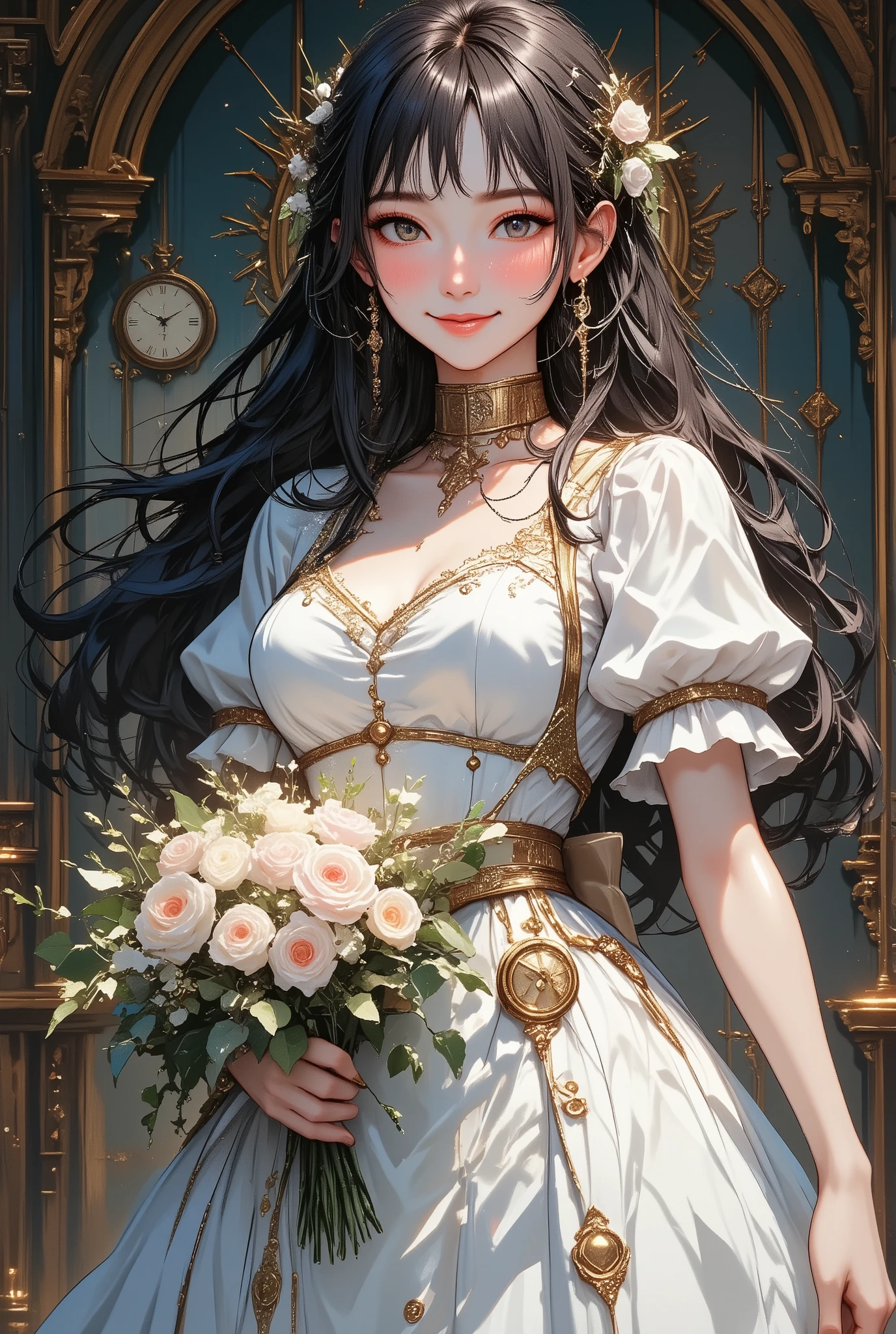 best image quality, incredibly ridiculous , very detailed, 2.5d, Delicate and Dynamic, seductive smile inducing to both breasts, classic puff sleeve pure white wedding dress , amazing style , bouquet, steampunk, Dieselpunk , clock punk , Cyberpunk, glitter effects