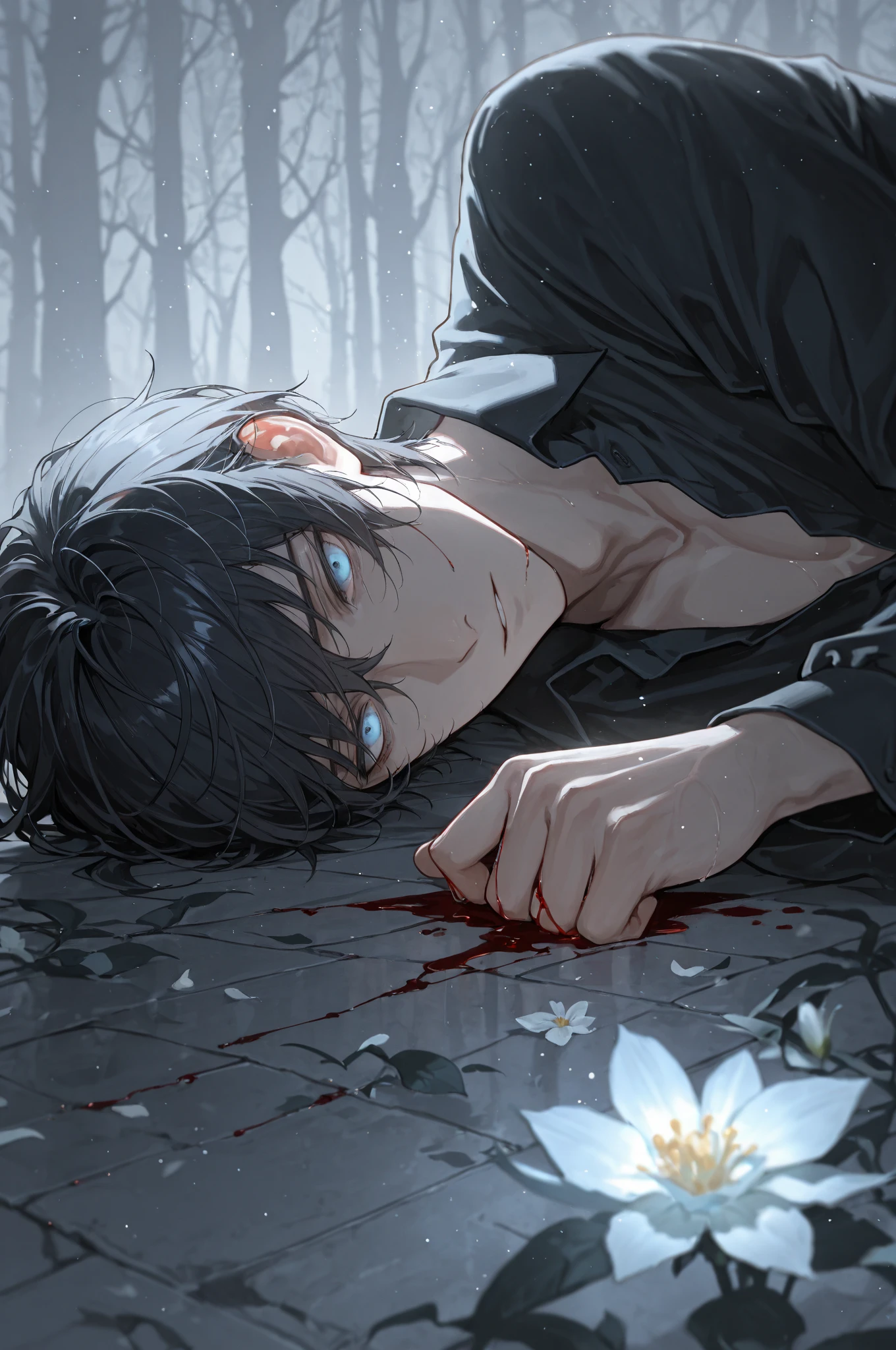 The black-haired man fell to the ground,Desperate eyes,Blood is constantly sprayed