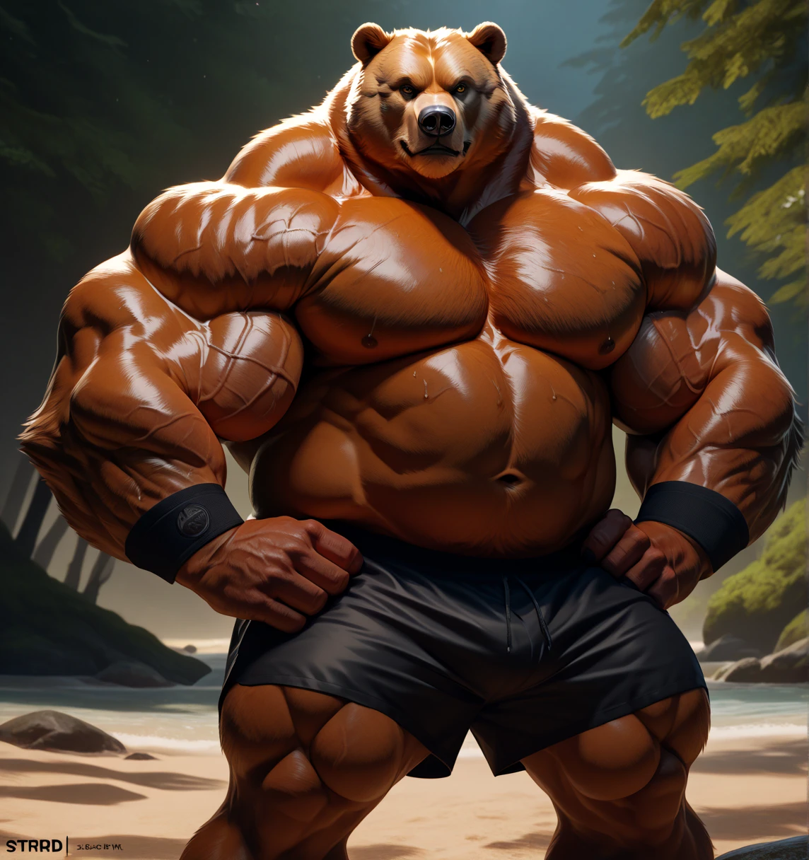 solo, 1boy, perfect anatomy, perfect proportion, smile, grinning, big eyes, happy. Huge Muscular Old grizzly bear, short hair ,(white shorts), view from side, pectoral, thick arms, huge pectoral, wide pectoral, white hair, white beards, huge brown fur, simple background, masterpiece, semirealistic:1.2, high detailed, 8k, high resolution, perfect center, full view. ((really big muscle, massive muscular, sixpack, thick arms, wide pectoral, super huge muscle, hyper muscular, over sized muscle, brown furry arms, bear paws, huge arms, big arms, huge pectoral))