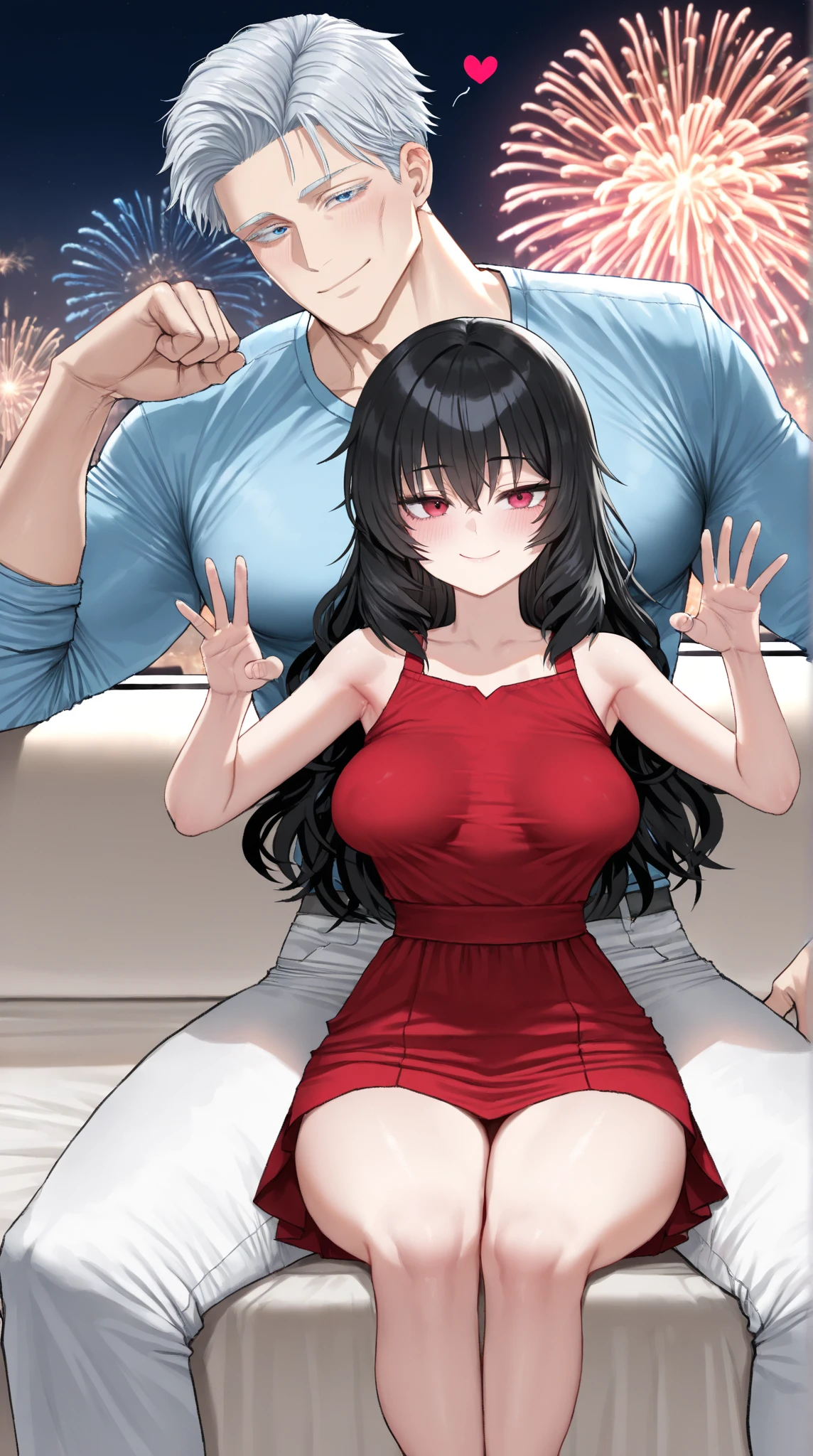 nsfw:1.2,Chubby Japanese sexy mature woman (50 years old), long, straight black hair, Sexy mini white summer dress, Sexy neckline, Dancing with a tall man, Nightclub, Hands on hips, Excited expression, Many men are watching、Erect nipples:1.5、Showing off pants:1.5