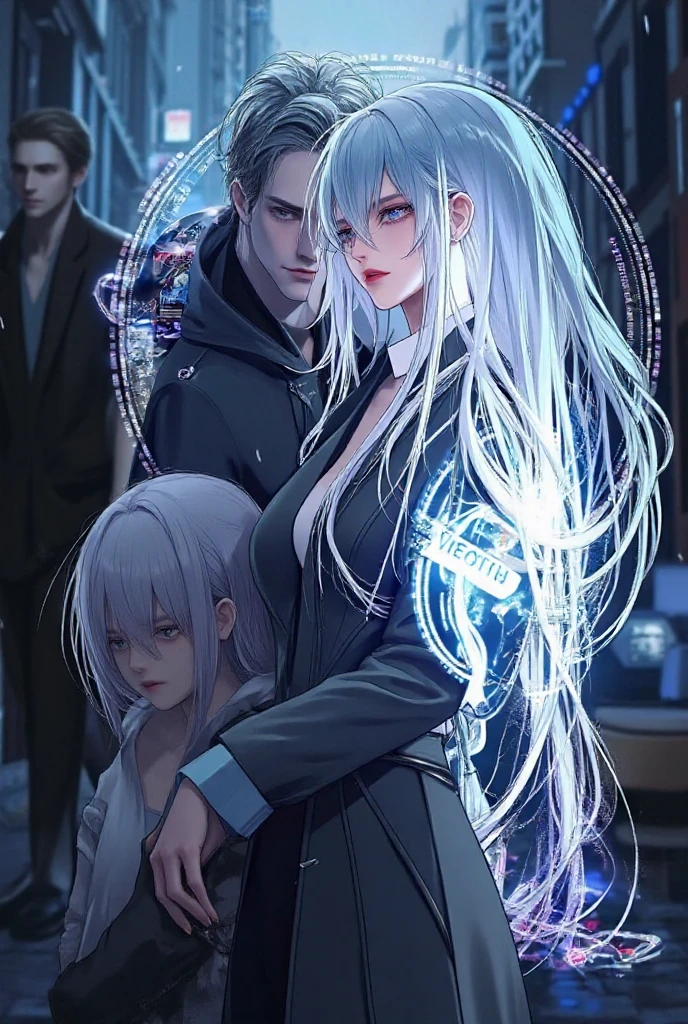 White hair girl with blue eyes and white  black  dress  formal 