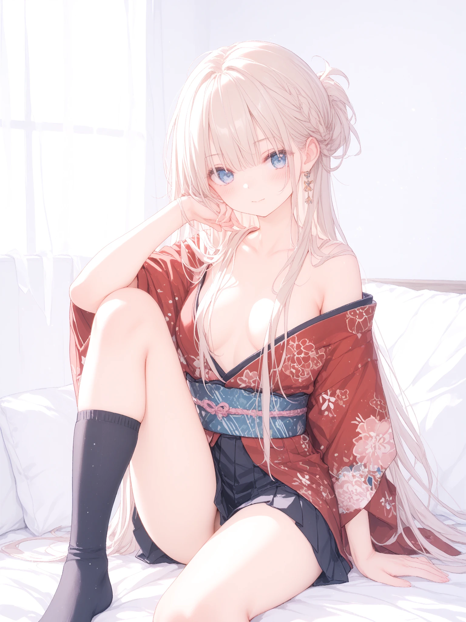 Random pose、M-shaped spread legs、Random underwear、Light cream colored hair、Semi-long hair、Pale red eyes、blueの下着姿、Blushing、Random erotic poses、Bedroom、On the bed、Spread your legs、Glamorous expression、M-shaped spread legs、blueのパンティ、blue