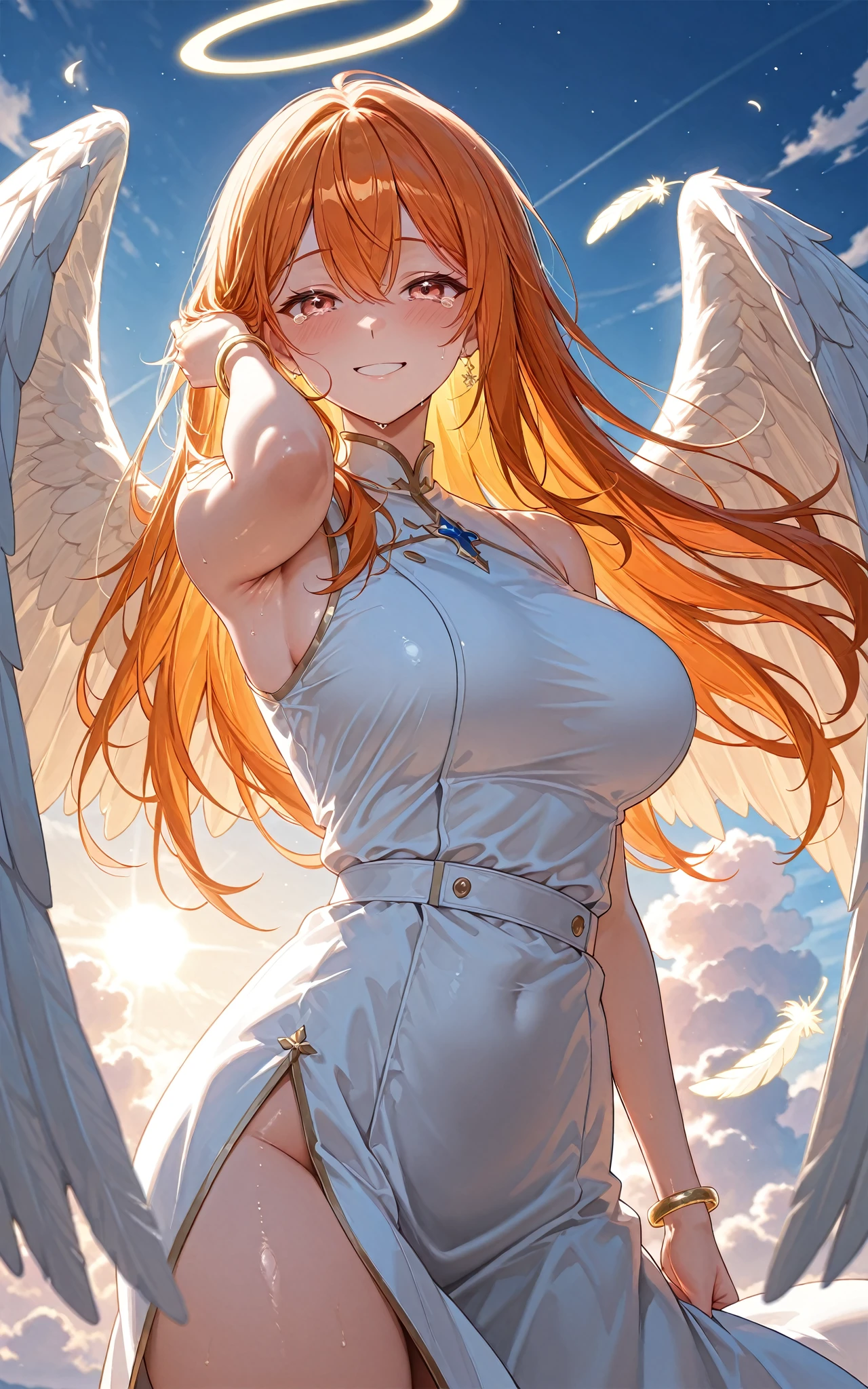(Angel Girl:1.2), (1 person:1.2),(10 year old girl)、Young girl、Big Breasts、 Hmph、Shaders、Highly detailed eyes、naked、Big Breasts、anus、Loose long hair,,、Side bust、Shiny cleavage、Redhead、Angel Wings、Silky Hair、Plain Colors Silk Gloves)、Very complex pupils、Highest quality、Bright colors、Bust 100、rests、Game portrait、Stir the composition、Composition looking up from below、Lift your with your hands、Poses that accentuate the chest、Cross your arms、Grinning expression、eyes half closed、Open your mouth、Stink Eye、Evil Face、A strong smile、Put your hands behind your back、Hide your hands、Wicked Smile、whole body、美新new、god々new