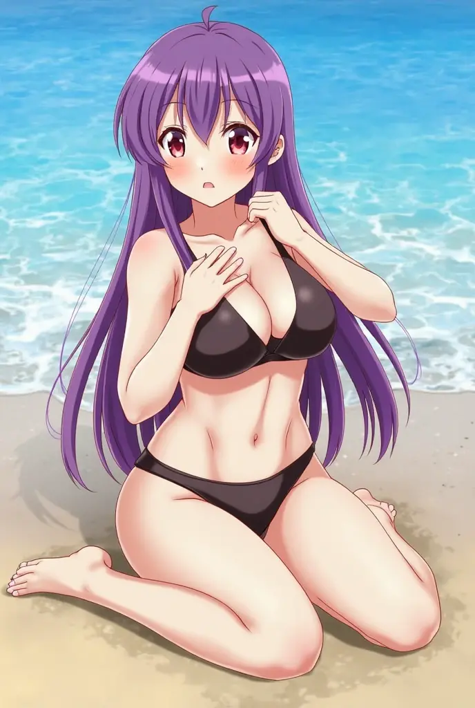 1woman, dark purple hair, long hair, fox ears, fox tail, bikini, beach, standing on ground, high res, ultra sharp, 8K, masterpiece