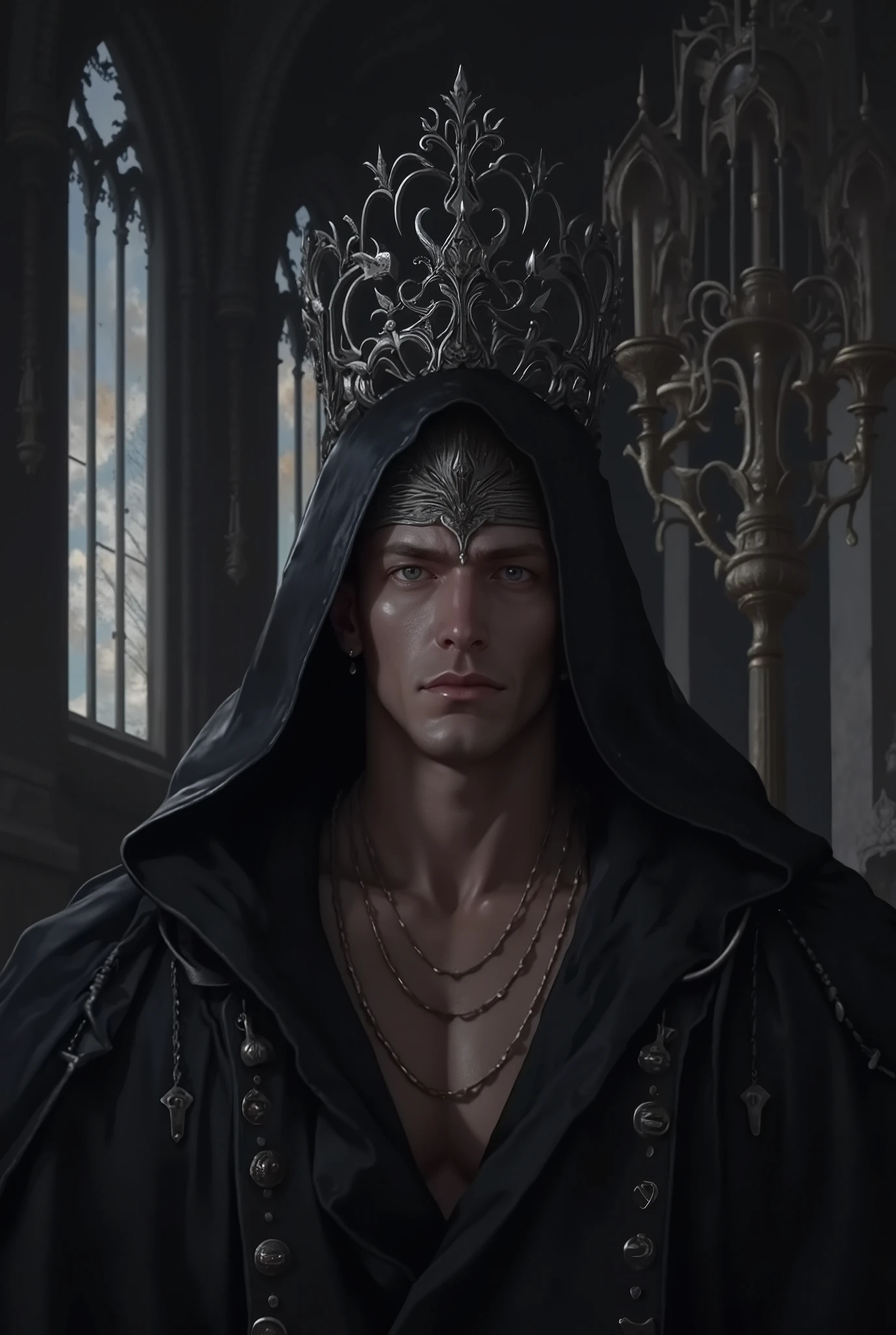 ((masterpiece)), ((high quality:1.2)), high resolution, 8k, (ultra_realistic:1.3), (photorealistic:1.4), incredibly attractive, muscular man, dark warlock king, height 190 cm, wearing a ((long, deep hood made of thick fabric, completely covering his head and falling over his shoulders)), with a black steel gothic crown adorned with thin chains and mystical engravings, placed over the hood. The man has a square-shaped face with a strong jawline, serious, masculine, brutal expression. ((Almond-shaped blue eyes:1.4)), ((clean-shaven:1.4)). Short blonde hair, age 30. Tall, massive build, broad, powerful chest, ((defined abs and perfectly sculpted arms:1.5)), detailed skin texture, beautiful fingers (bare torso without armor:1.5). (Background — dark throne hall, massive stone walls, tall gothic windows with faint moonlight streaming through, heavy iron candelabras casting long ominous shadows. The ceiling disappears into darkness, arches adorned with metallic plates engraved with ancient runes. Lighting is cold and moody)