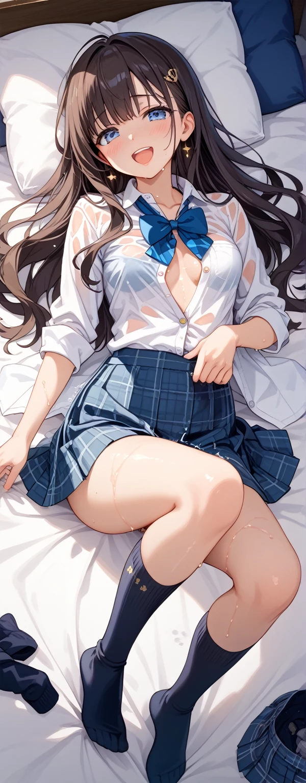 {{{beautiful}}}, amazing, (best quality:1.5), (masterpiece:1.5), extremely delicate and beautiful, intricate details, finely detailed, extremely detailed, beautifully detailed, ultra-detailed, (hyperdetailed:1.5), high resolution, (illustration), watercolor pencil, Clear line drawing, (ufotable style:1.1), ufotable screen cap, anime coloring, anime screencap, (latest picture), backlighting, dynamic angle, glow, depth of field, {{{body satisfaction}}}, (body with a good balance of style:1.5), (slender figure:1.5), perfect body, perfect hands, perfect feet, (two arms:1.3), (two legs:1.5), (five fingers each:1.3), (perfect joint:1.3), perfect joint movement, beautiful detailed eyes, (detailed eyes:1.5), finely detailed eyes, perfect anatomy, full dissection, perfect composition, correct limbs, balance and coordination in all things, realistic:0.5, precise fingers and hands, (finely drawn hair:1.5), {{{cheerful girl}}}, (brown hair:1.3), (semi-long hair:1.3), (straight hair:1.3), bangs, (blue eyes:1.3), (medium breasts:1.3), (small-sized buttocks:1.3), {{{Bedroom}}}, (bed:1.3), (blue light), (blue layers), indoors, {{{school uniform}}}, (white collared shirt:1.5), white shirt, breast tent, (unbutton the top button of the shirt:1.5), (checkered pleated skirt:1.5), checked skirt, pleated skirt, {{{blush}}}, shy, (sweat:1.5), (teary eyes:1.5), (ecstasy:1.5), gasping face, (ecstasy face), overflowing from groin:1.7), {{{masturbation}}}, female masturbation, masturbating, fingering, (solo:1.5), self-love, self fondle, 1girl, clothed, (missionary position:1.5), (lying:1.2), (lie on the bed:2.0), missionary, missionary pose, supine position, push down, on back, fpov, lying_bustup_shot,