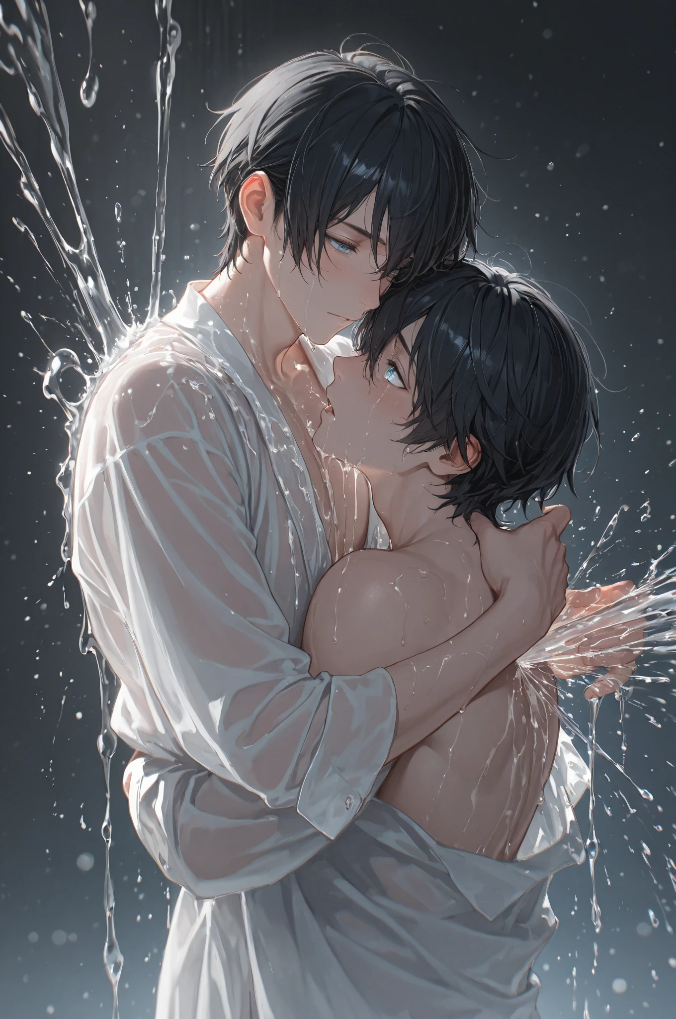 Girl showering is with a boy who is just cumming on her