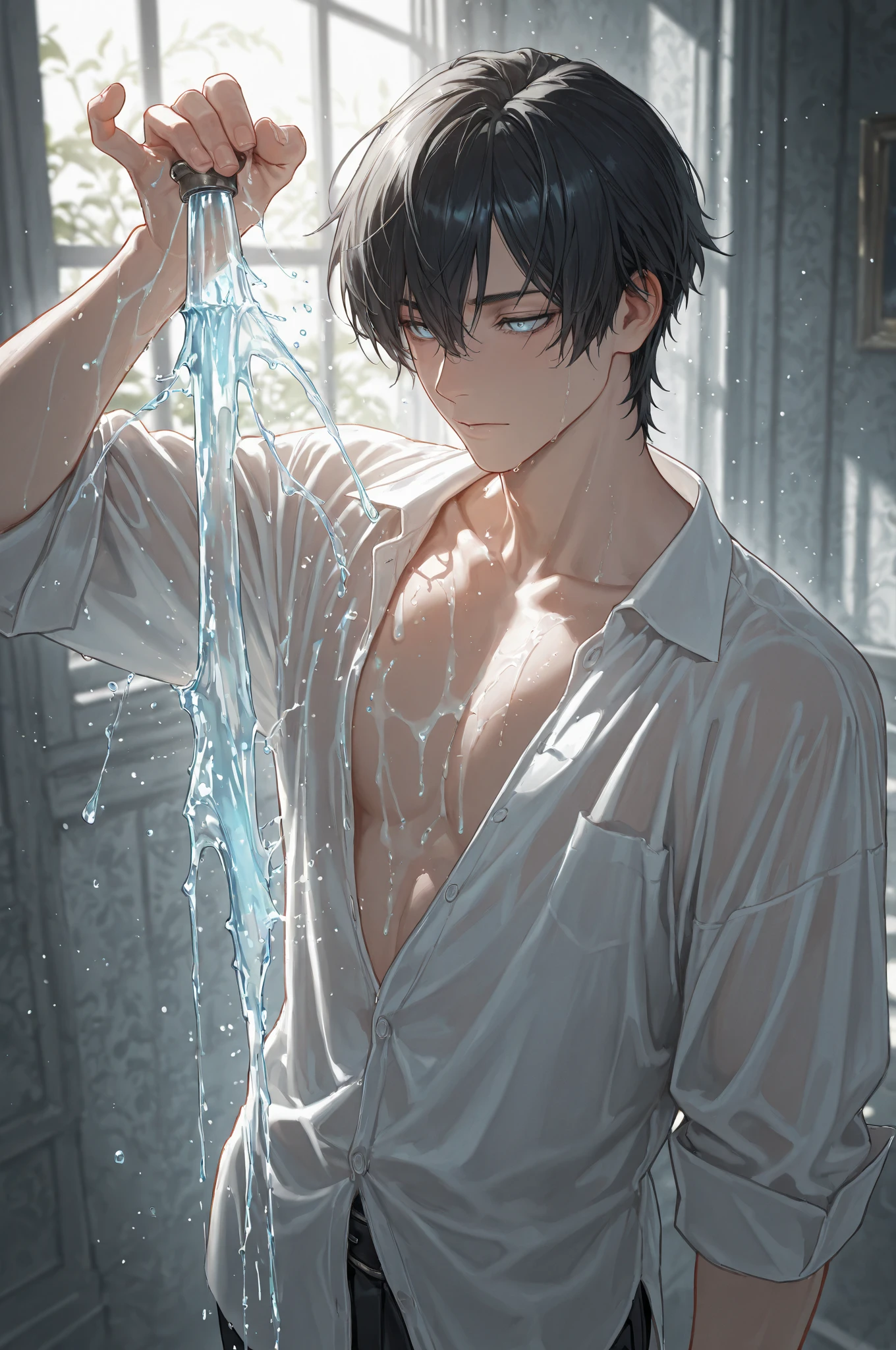 sexy boy, (((cute and wet white shirt)) ), extremely detailed, hyper detailed, (((perfect face)), soft lighting, ((best quality)), cute face, (wet white semen ),(( 1 boy)),((fair skin, black hair, Shiny highlights on eyes, bulging crotch,His Chest are tingling,erotic.)),men, human ,only boy,((boy 16 year old,thin body and cute)), horny boy,innocent boy,slut boy