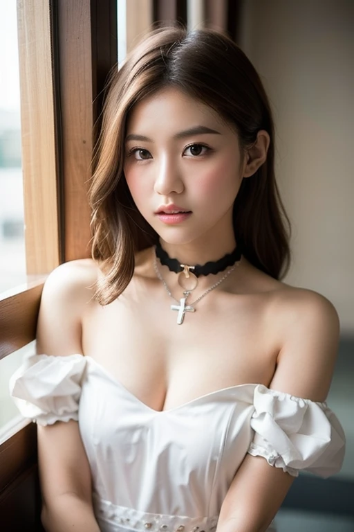 (Cinematic aesthetics:1.4) Bokeh city night photo of beautiful Korean fashion model、1 Miniature Beautiful Woman - Yuan Shaxue, ((Highest quality, 8K, masterpiece:1.Letty Woman, 1 female, Huge breasts:1.3, Slim body:1.1, Soft, long black hair, (shower, Wet body, Wet clothes:1.1), Highly detailed face, Detailed lips, Fine grain, double eyelid, Detailed blue eyes, чрезвычайно Amazing black eyes with great detail, long wet hair, Ginger Wet Hair, Amazing blue eyes with great detail, Staring innocently at the viewer, Very wet wavy white hair, Amazing blue eyes with great detail, giant cross earrings, 屋outside, Badge on the back, Gothic maid outfit, Sexy maid outfit, Bare Chest, huge Chest tattoo, Large, detailed Catholic cross earrings, Chest tattoo, outside, Wearing a silver cross (Detailed cross), Reality Mode, Wet breasts, Black necklace, The crowd behind, Black latex gloves, Snow-white hair, at night, red neon lights, Devil Nun, cloud (There is a golden halo above her head), Angel, Snow weather, Sexy pose, White Lingerie, Black maid outfit, An elaborate wreath made in many different colors, Open chest