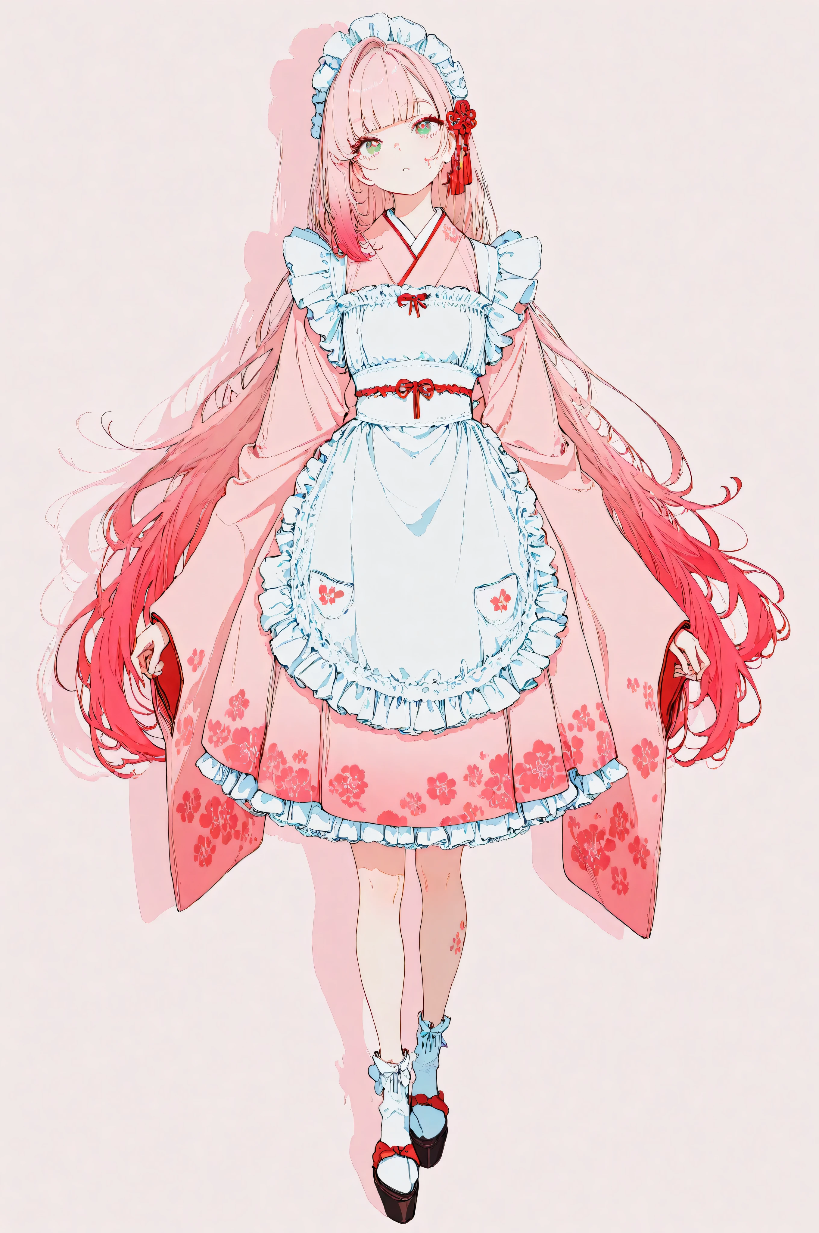 1girl, solo, Full Body, very long hair, gradient hair, Pink Hair, mullet, symbol-shaped pupils, green eyes, Red Eyes, mismatched pupils, longeyelashes, beautiful skin, Japanese clothing, pink kimono, maid, White apron, frills dress, Tall, character design, Surrealism, drop shadow, anaglyph, stereogram, tachi-e, pov, atmospheric perspective, UHD, retina, masterpiece, accurate, anatomically correct, textured skin, super detail, high details, high quality, award winning, best quality, highres