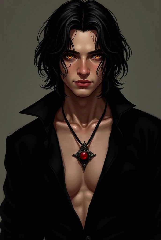 Light-skinned man with violet eyes, black hair and a tattoo on the abdomen (in triangular shape) with scars on the face (dark fantasy) and 2